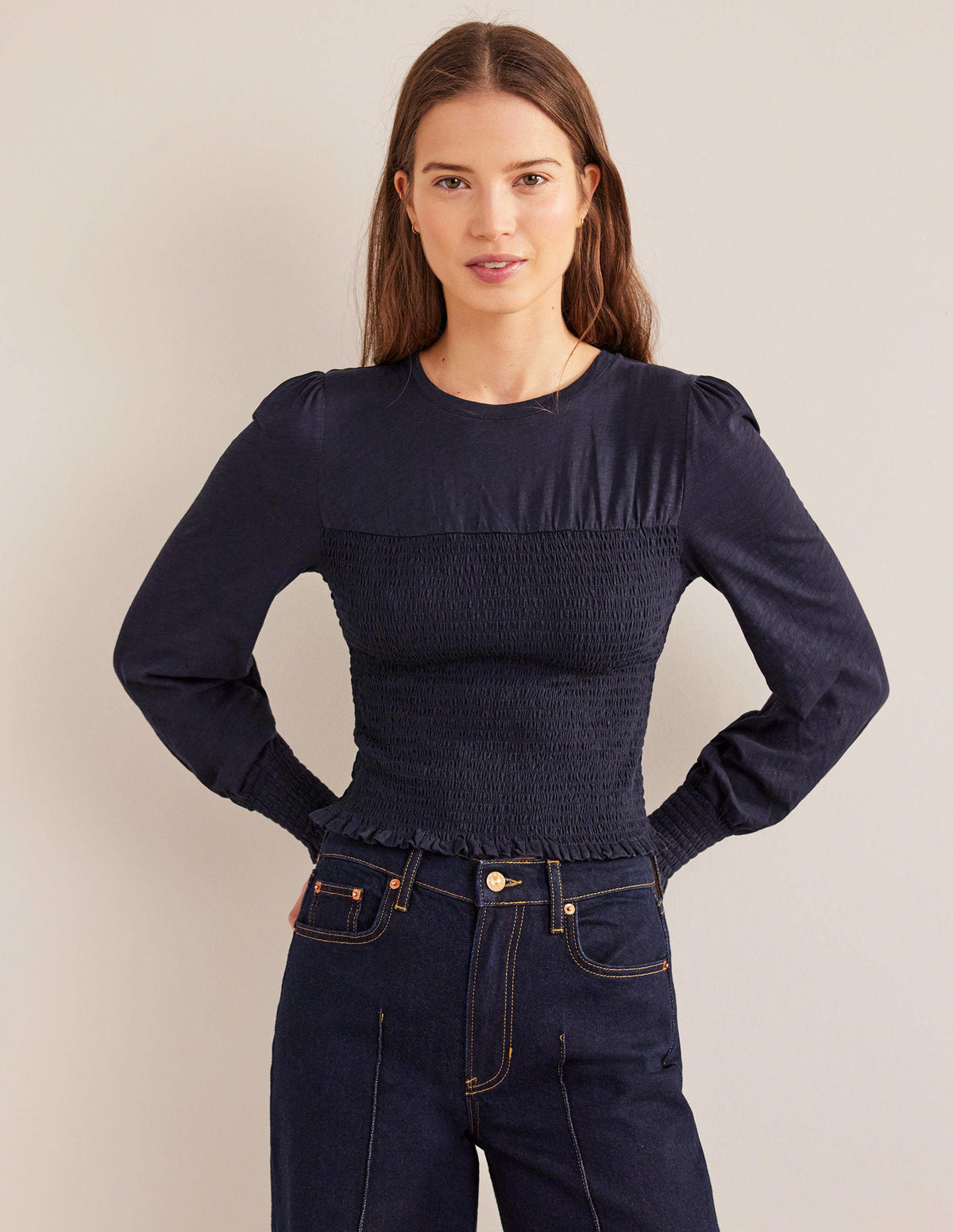 Top en coton avec corsage à smocks-Bleu marine-1