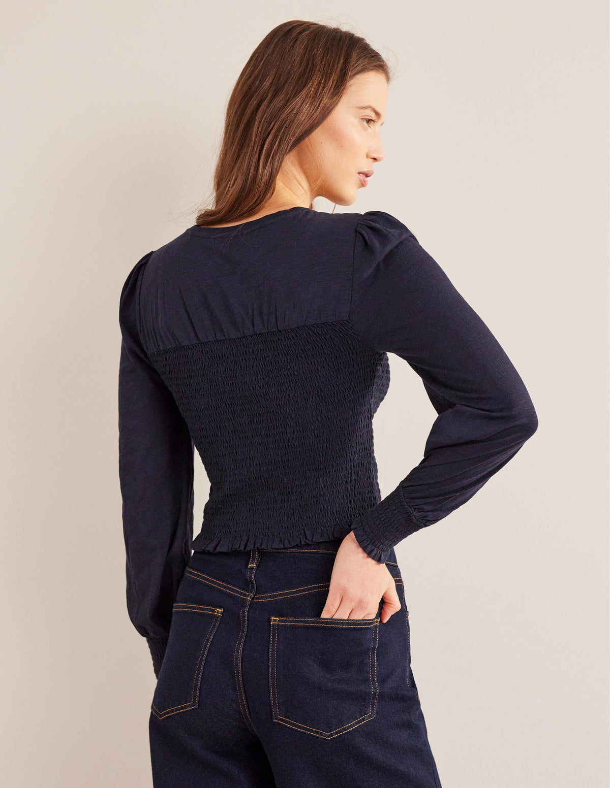 Top en coton avec corsage à smocks-Bleu marine-3