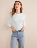 Smocked Bodice Cotton Top-White