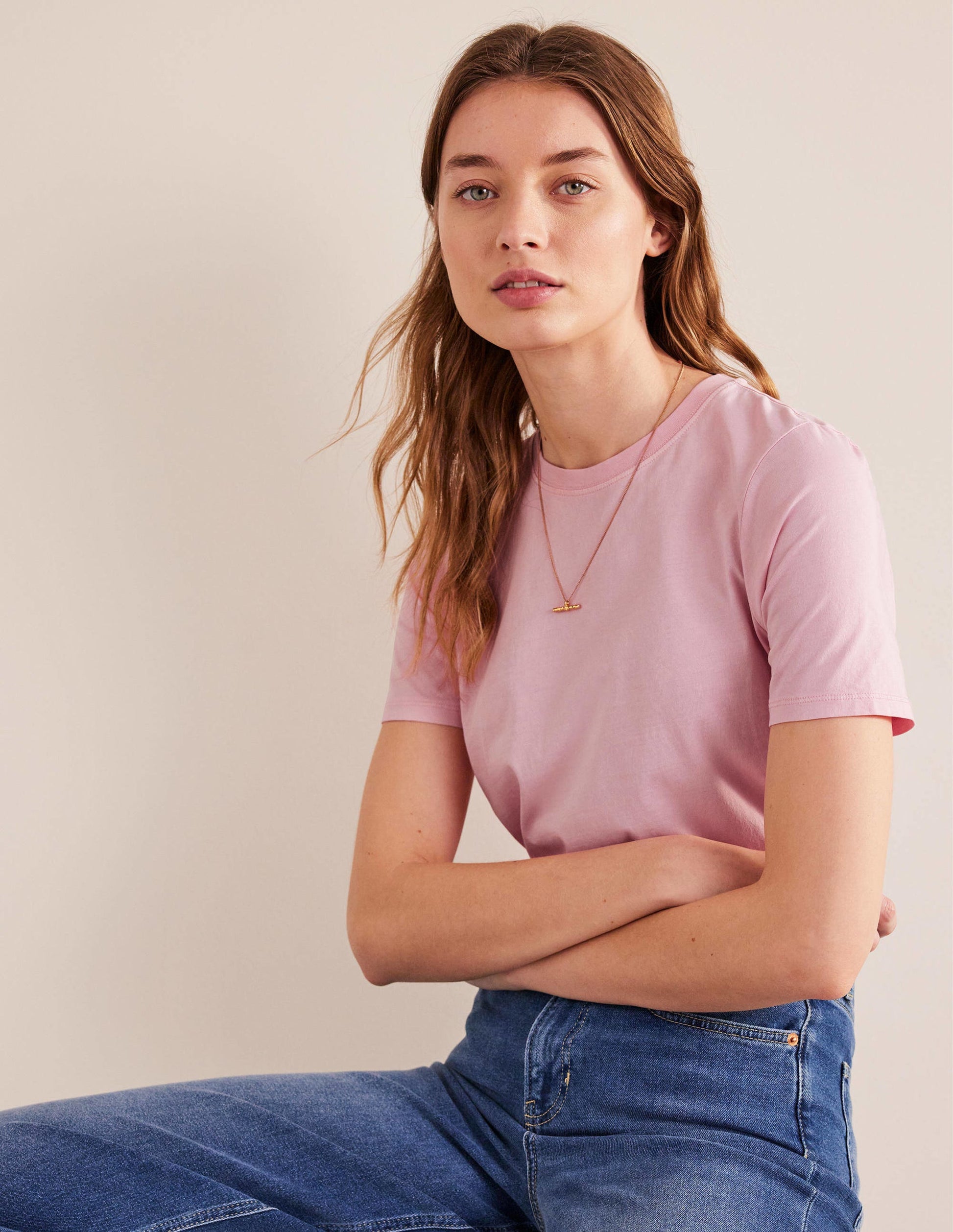 Pflanzlich gefärbtes Rundhals-T-Shirt-Rosa-1