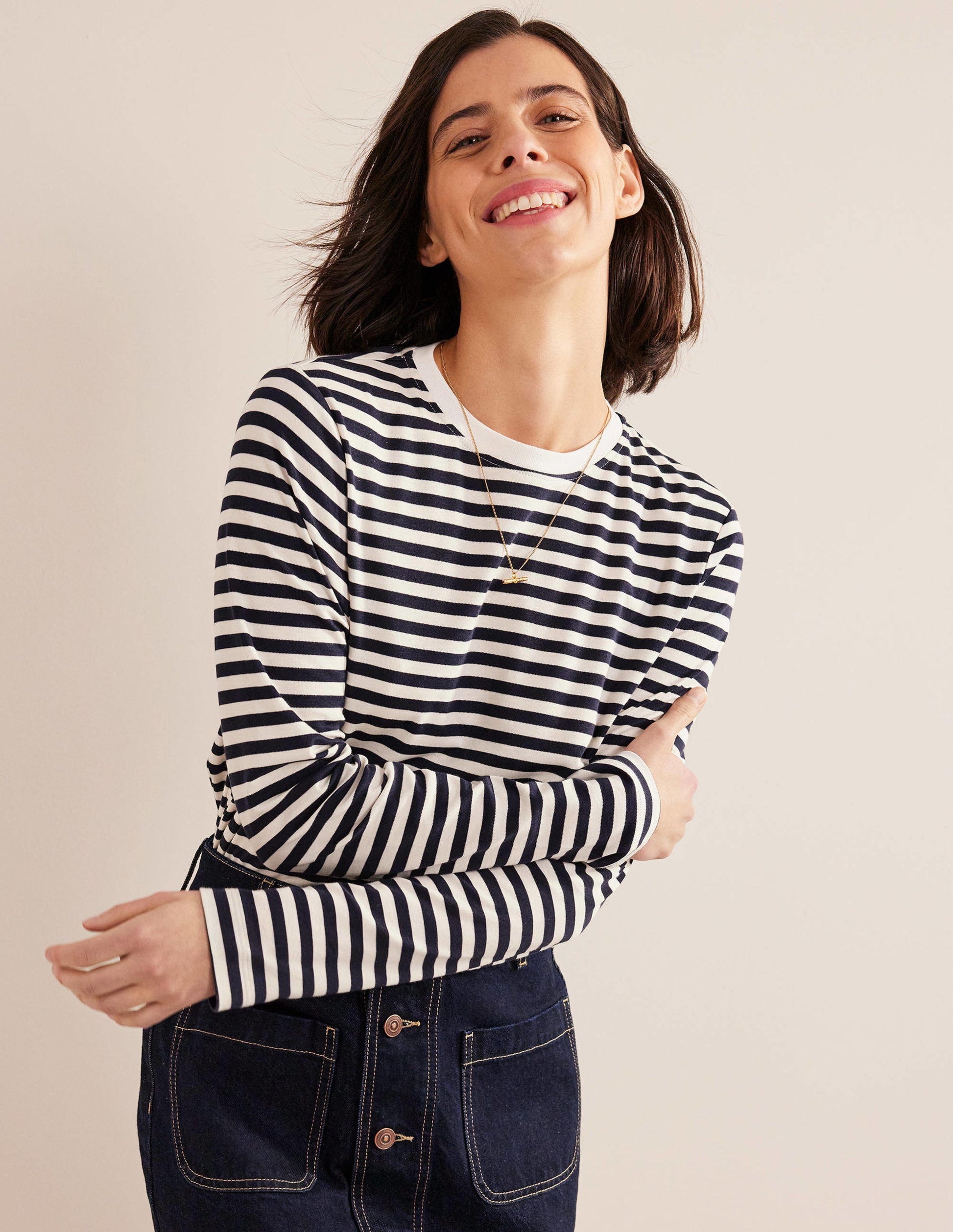 Perfektes Oberteil mit langen Ärmeln-Naturweiß/Navy, Gestreift-1