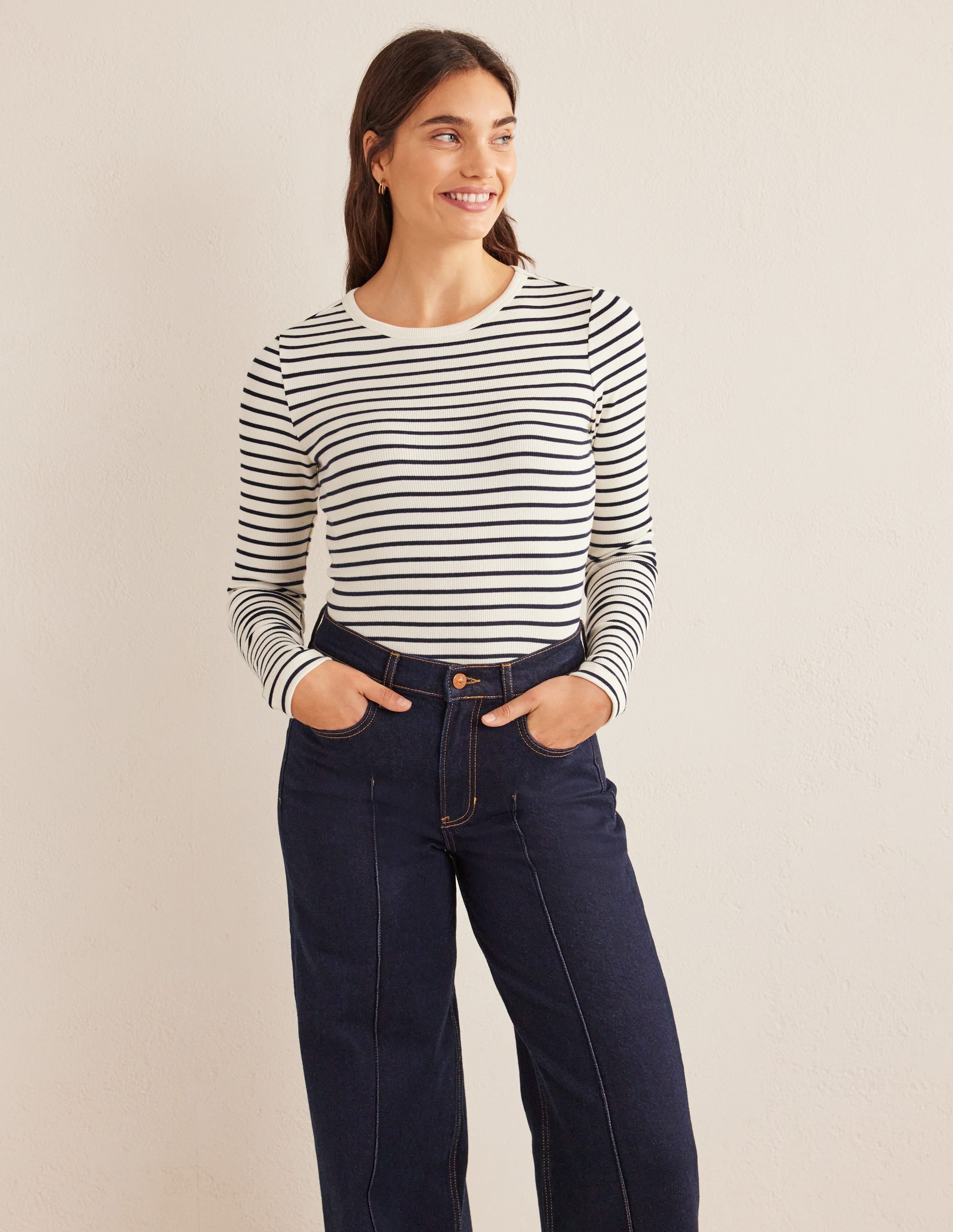 Langärmliges geripptes Baumwolloberteil-Naturweiß/Navy, Gestreift - Image 1