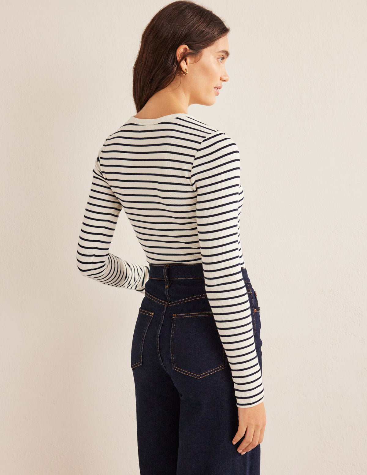 Langärmliges geripptes Baumwolloberteil-Naturweiß/Navy, Gestreift - Image 3
