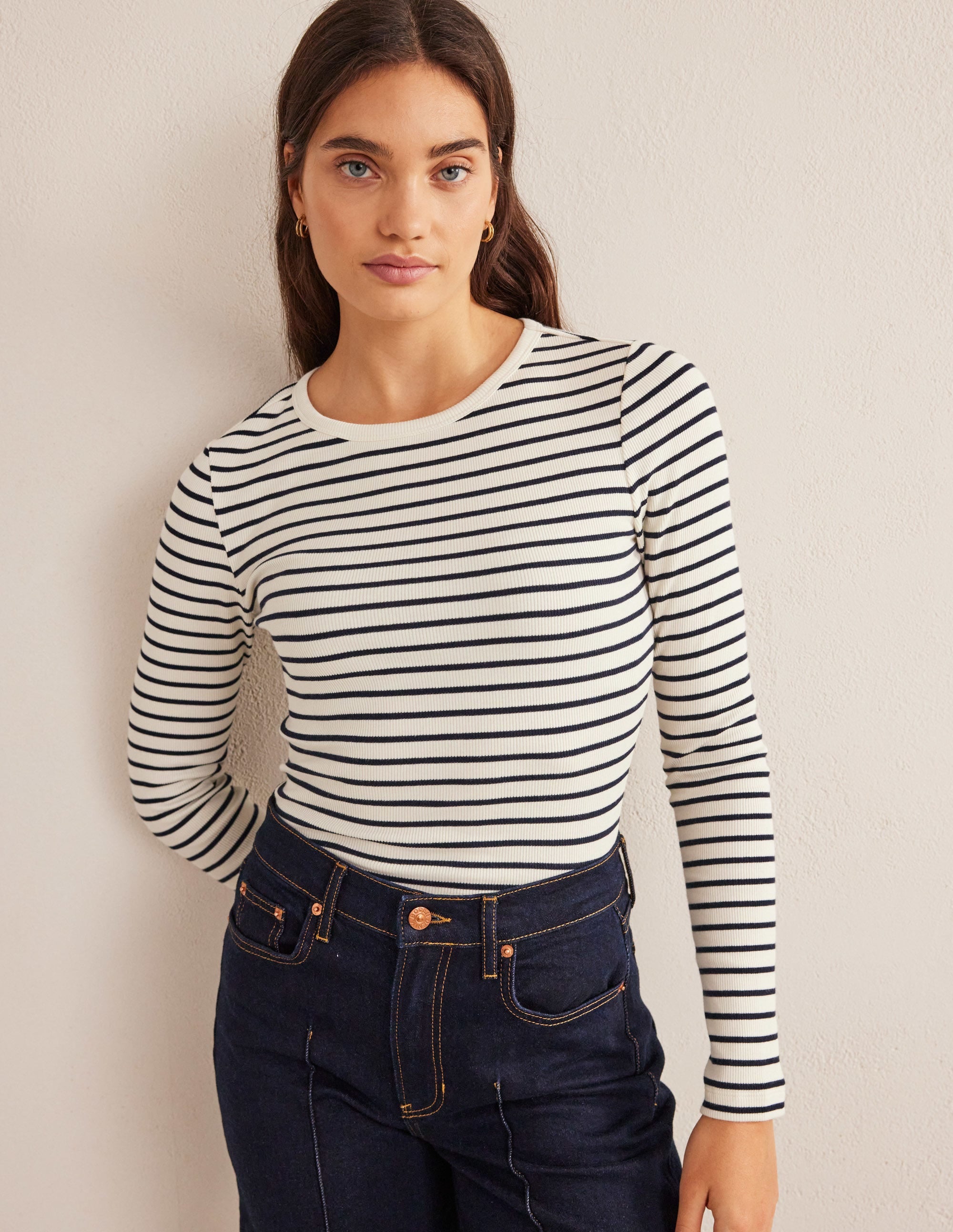 Langärmliges geripptes Baumwolloberteil-Naturweiß/Navy, Gestreift - Image 4