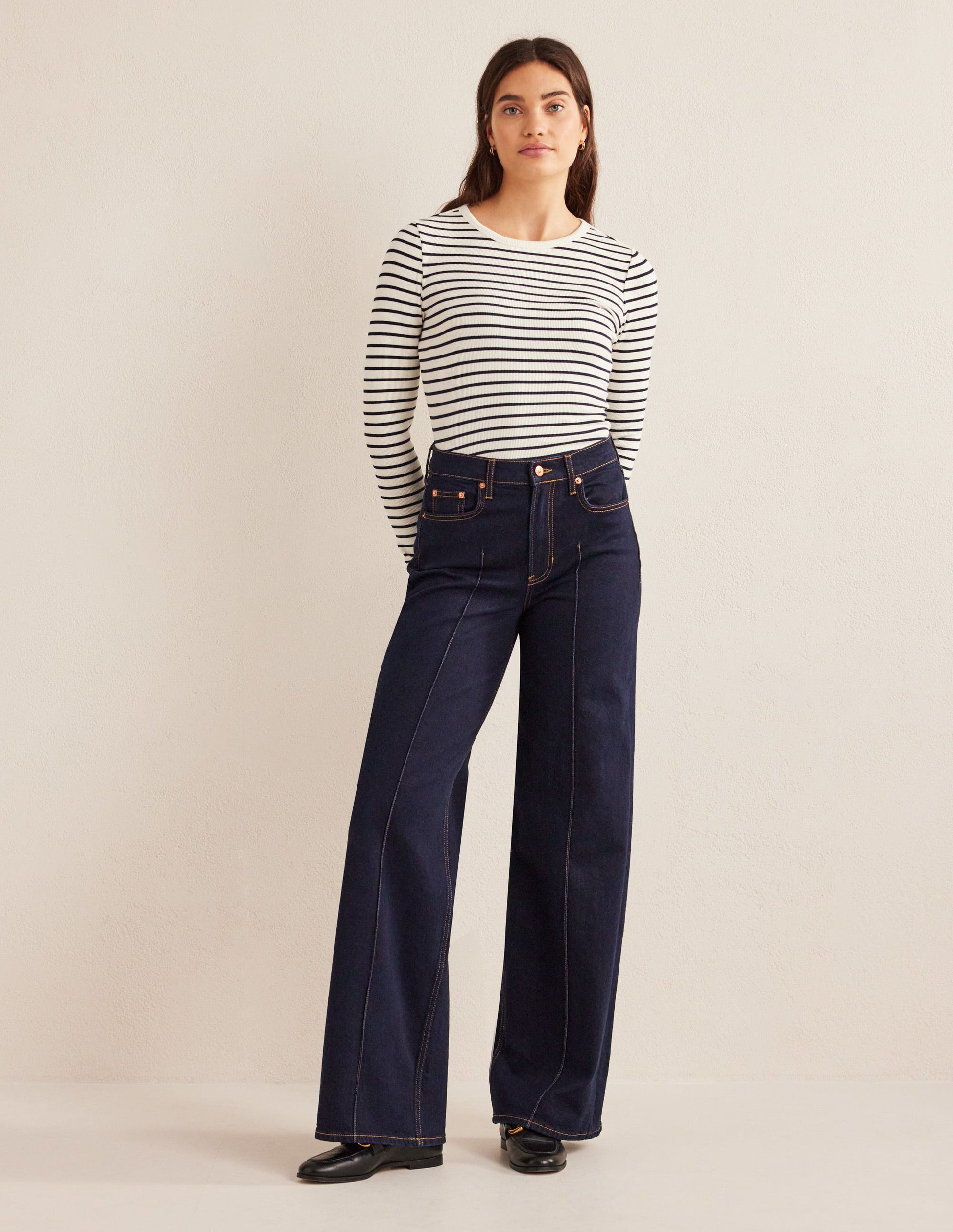 Langärmliges geripptes Baumwolloberteil-Naturweiß/Navy, Gestreift-5