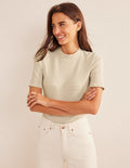 High Neck Ribbed Top-Ivory/Camel Stripe