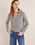 Notch Collar Stripe Top-Ivory/Navy Stripe