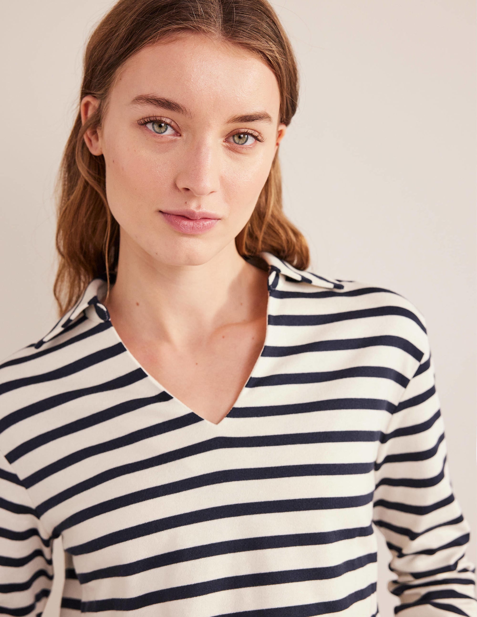 Notch Collar Stripe Top-Ivory/Navy Stripe - Image 2