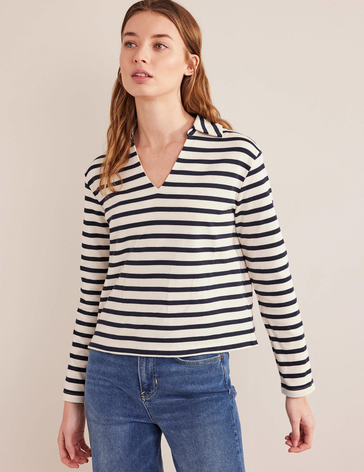 Notch Collar Stripe Top-Ivory/Navy Stripe-4