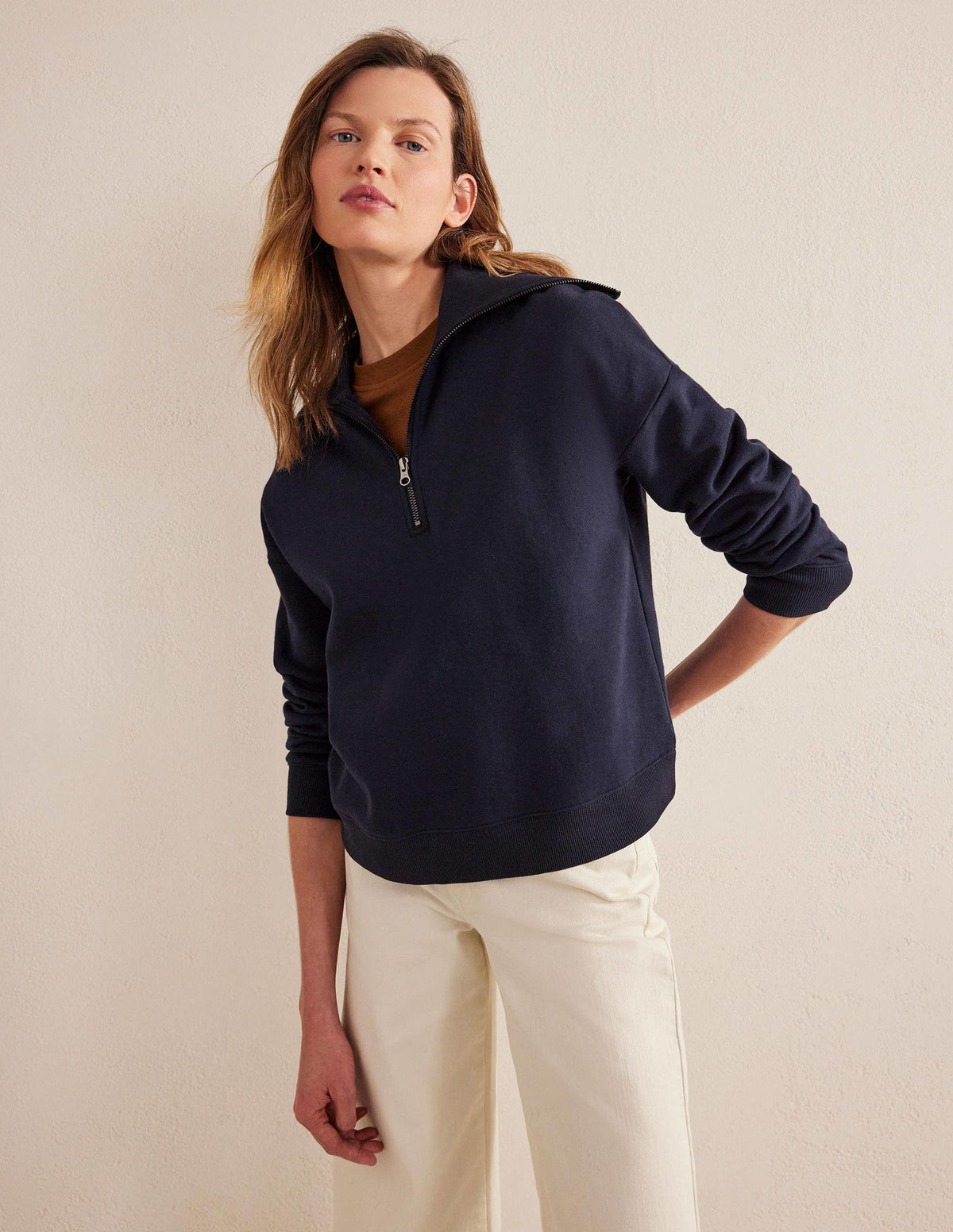 Sweat zippé à col cheminée-Bleu marine - Image 1