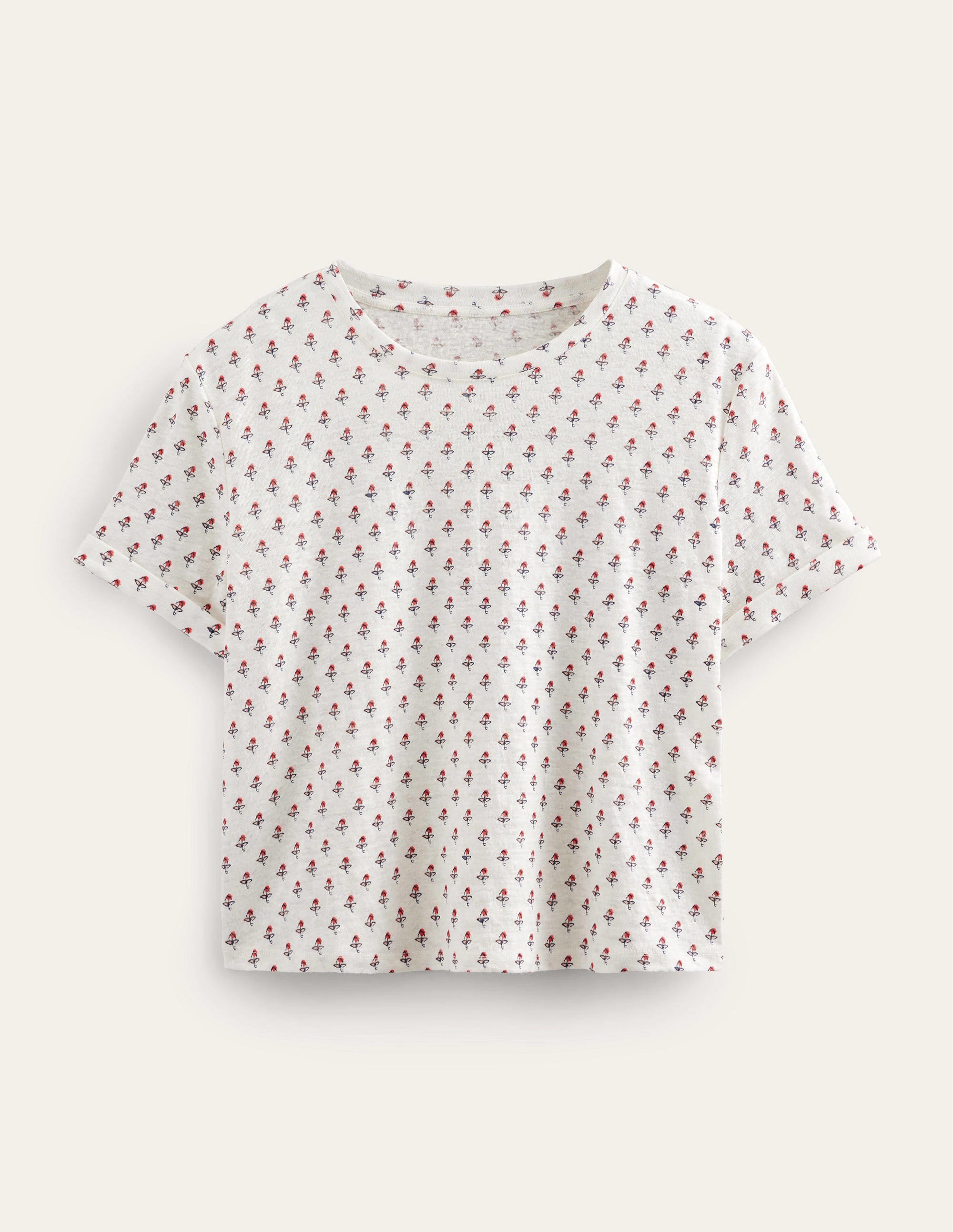 Gemustertes Leinen-T-Shirt-Naturweiß, Tulpenmuster - Image 6