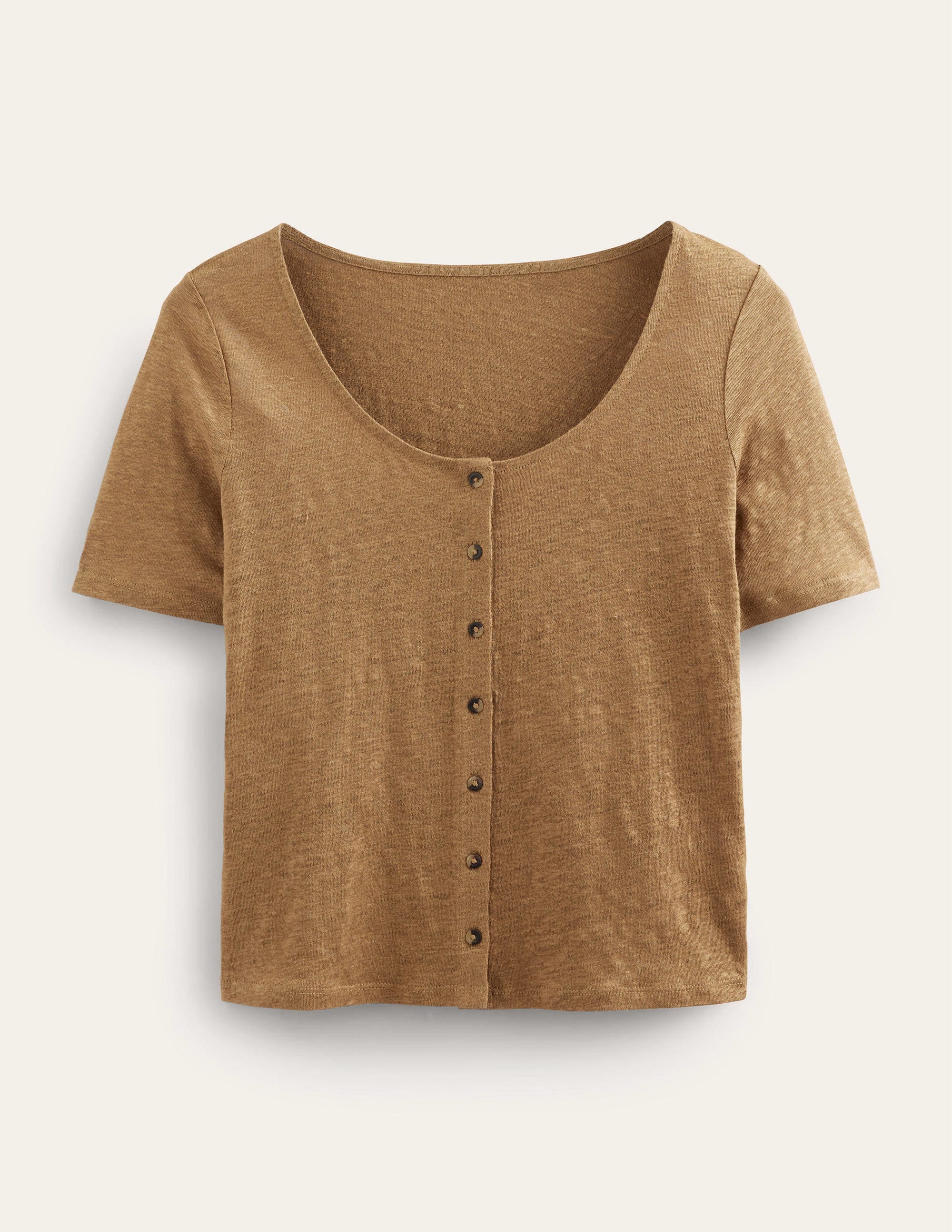 Leinen-T-Shirt mit Rundhalsausschnitt-Kamelbraun - Image 5