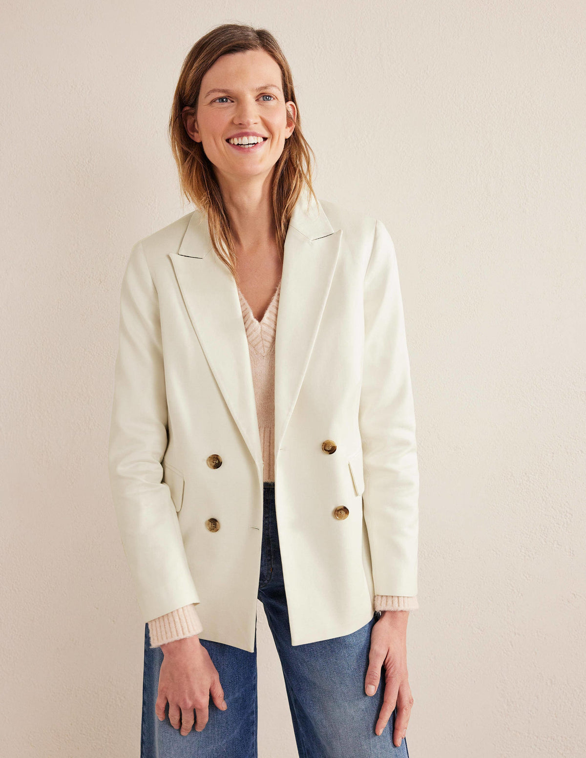 Doppelreihiger Twill-Blazer-Naturweiß - Image 1