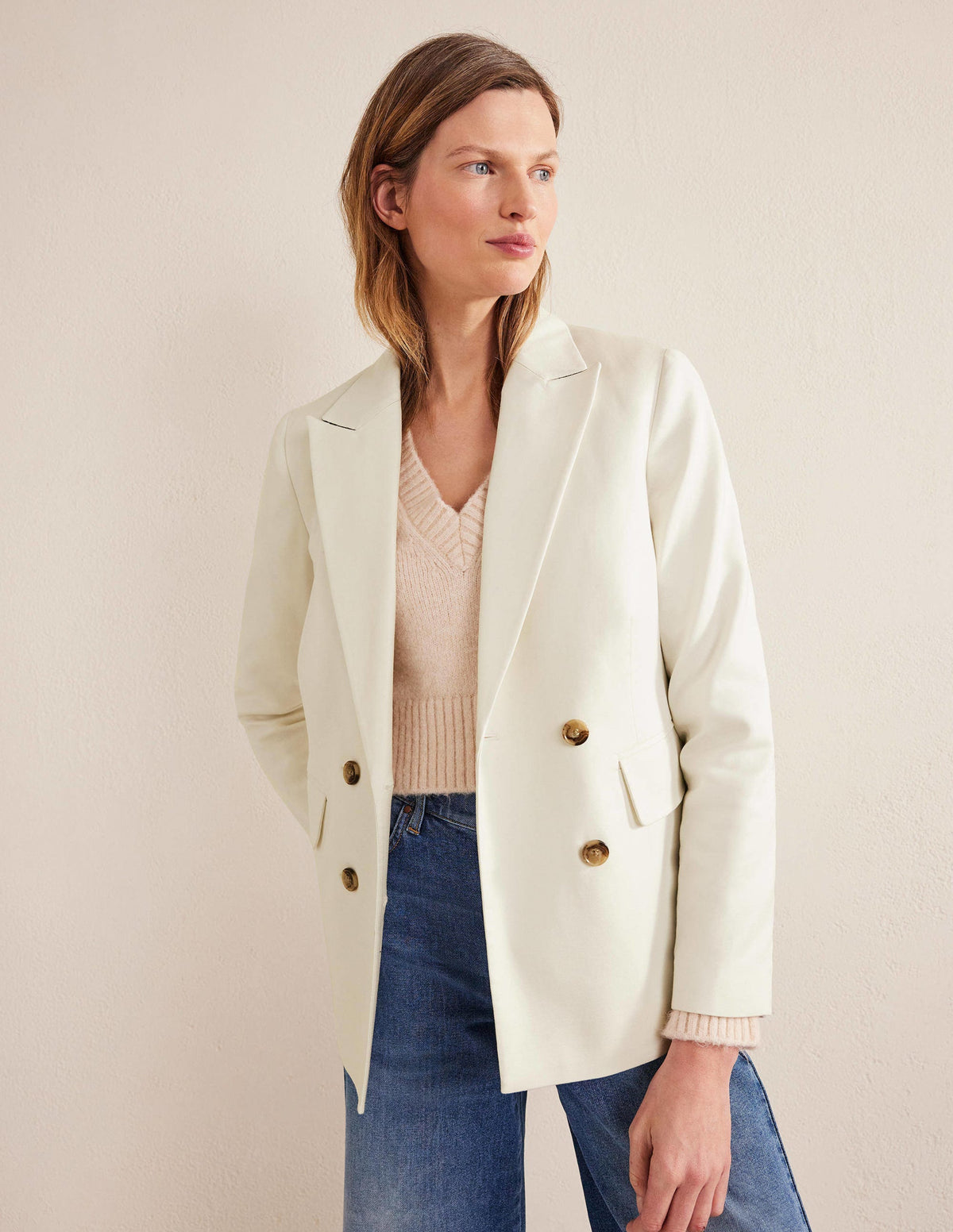 Doppelreihiger Twill-Blazer-Naturweiß-4