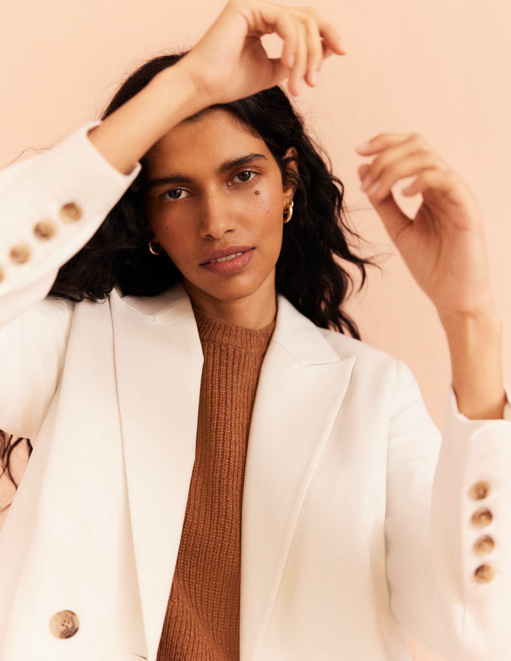 Doppelreihiger Twill-Blazer-Naturweiß - Image 9