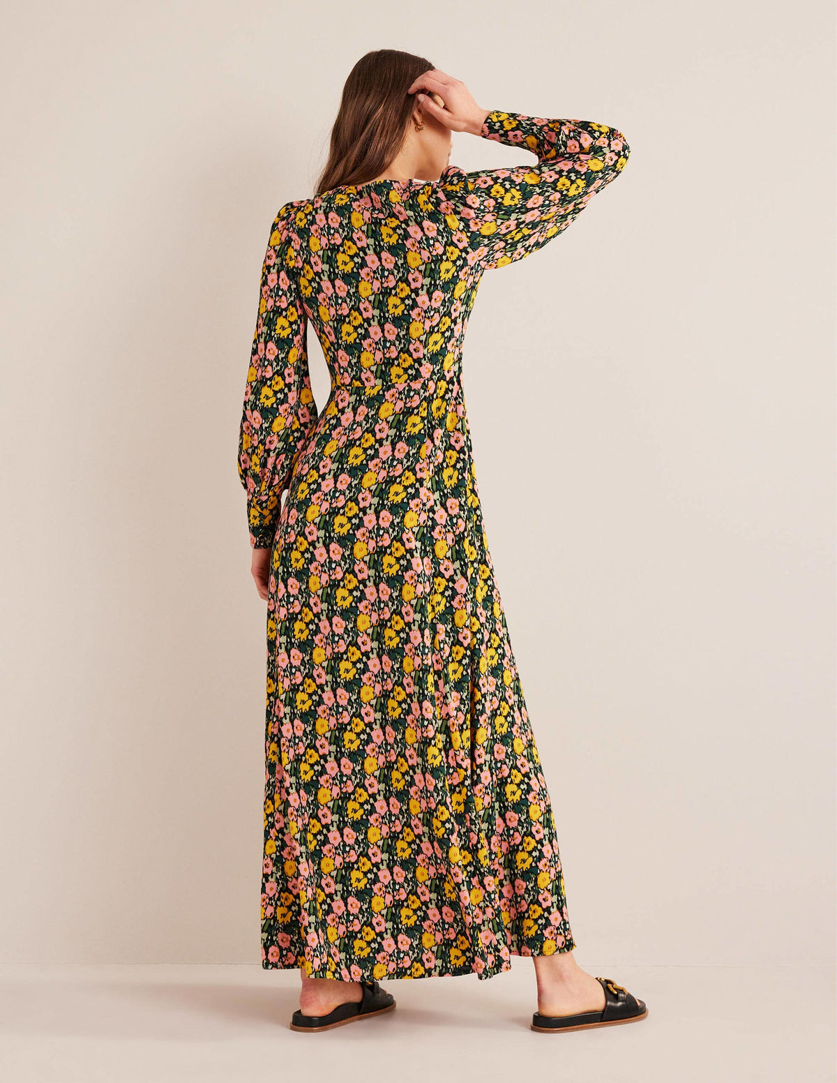 Maxikleid in Empire-Form mit V-Ausschnitt-Dunkles Smaragdgrün, Abstraktes Mohnblumenmuster-4