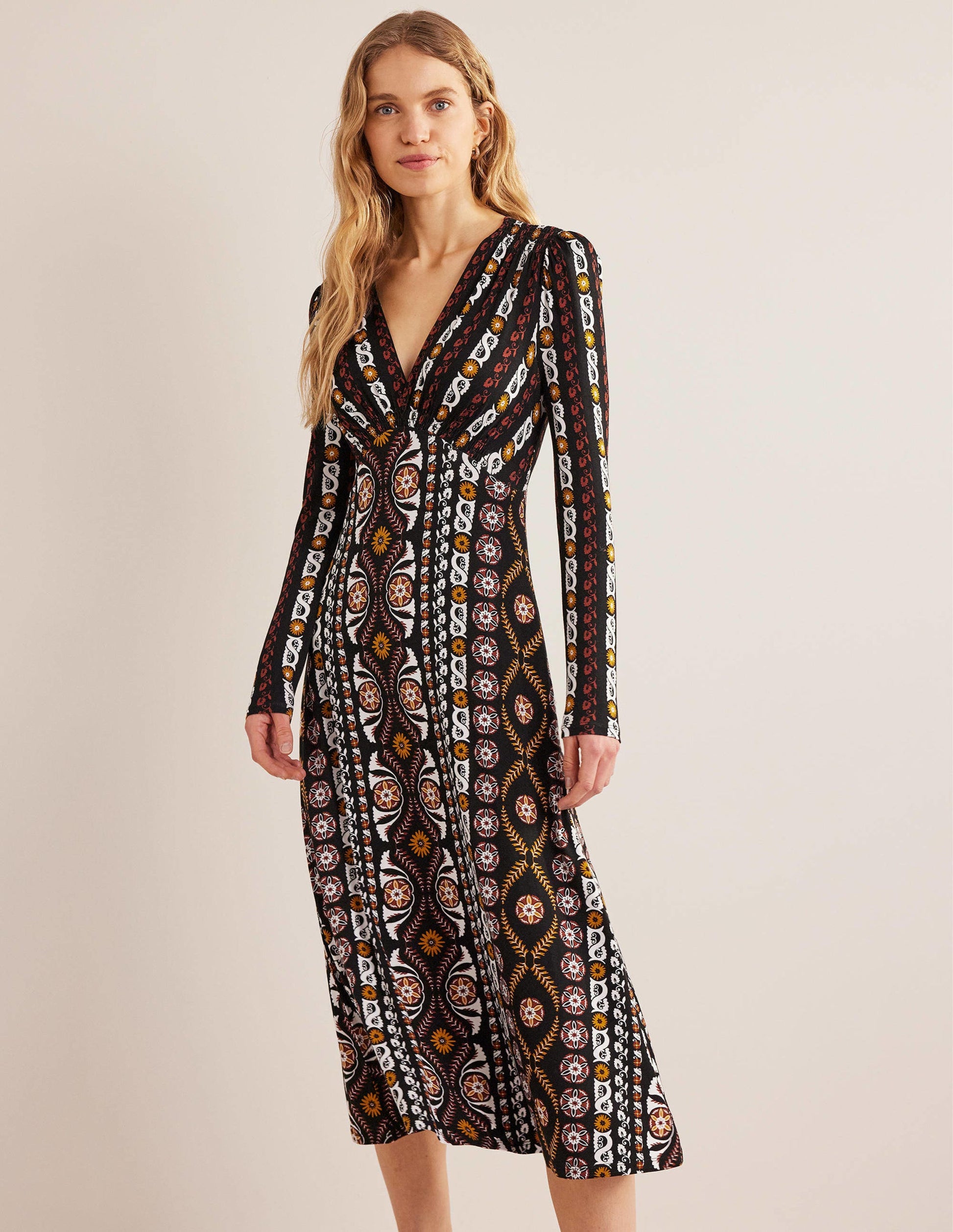 Robe midi style 40s en jersey-Noir, motif Opulent Stripe-1