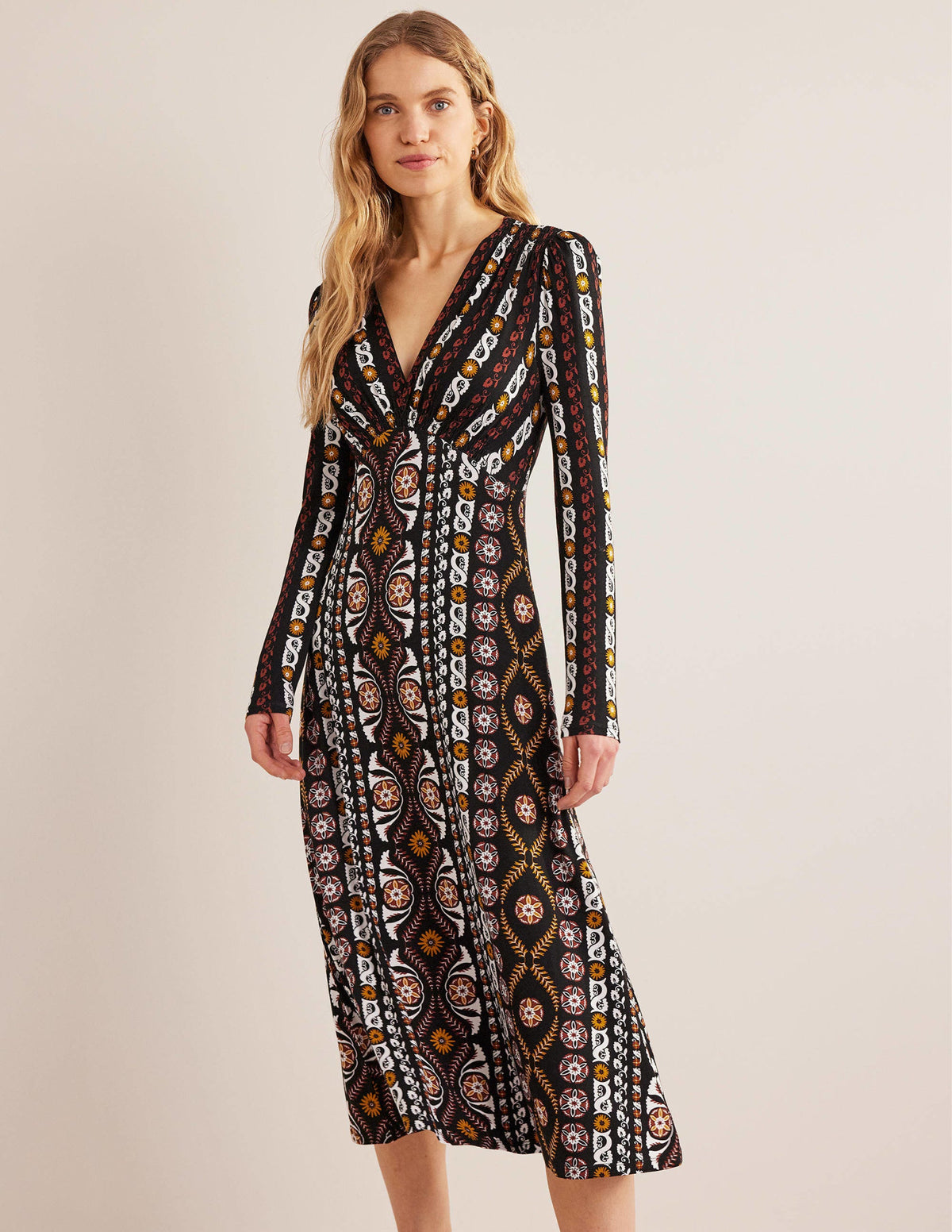 Robe midi style 40s en jersey-Noir, motif Opulent Stripe - Image 1