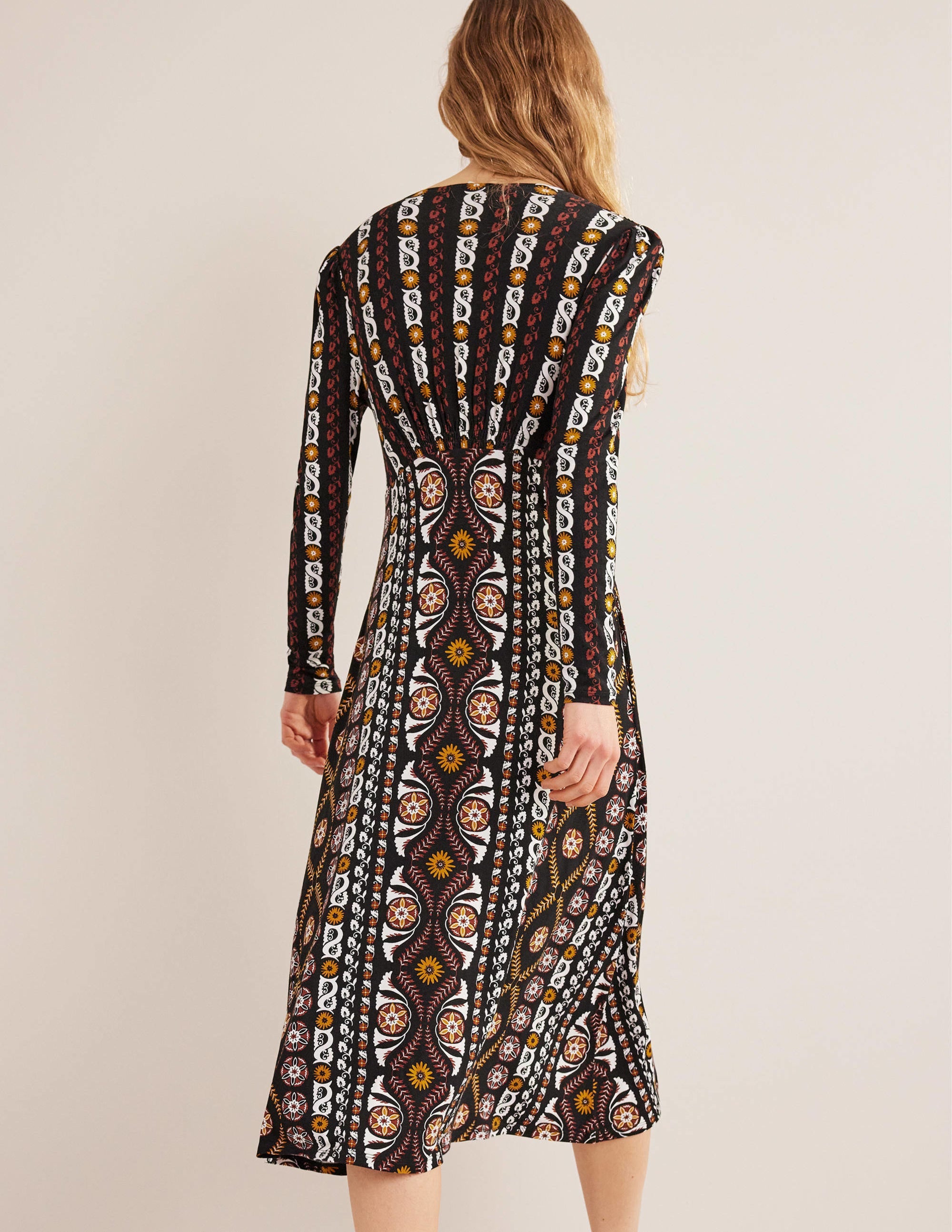 Robe midi style 40s en jersey-Noir, motif Opulent Stripe - Image 3