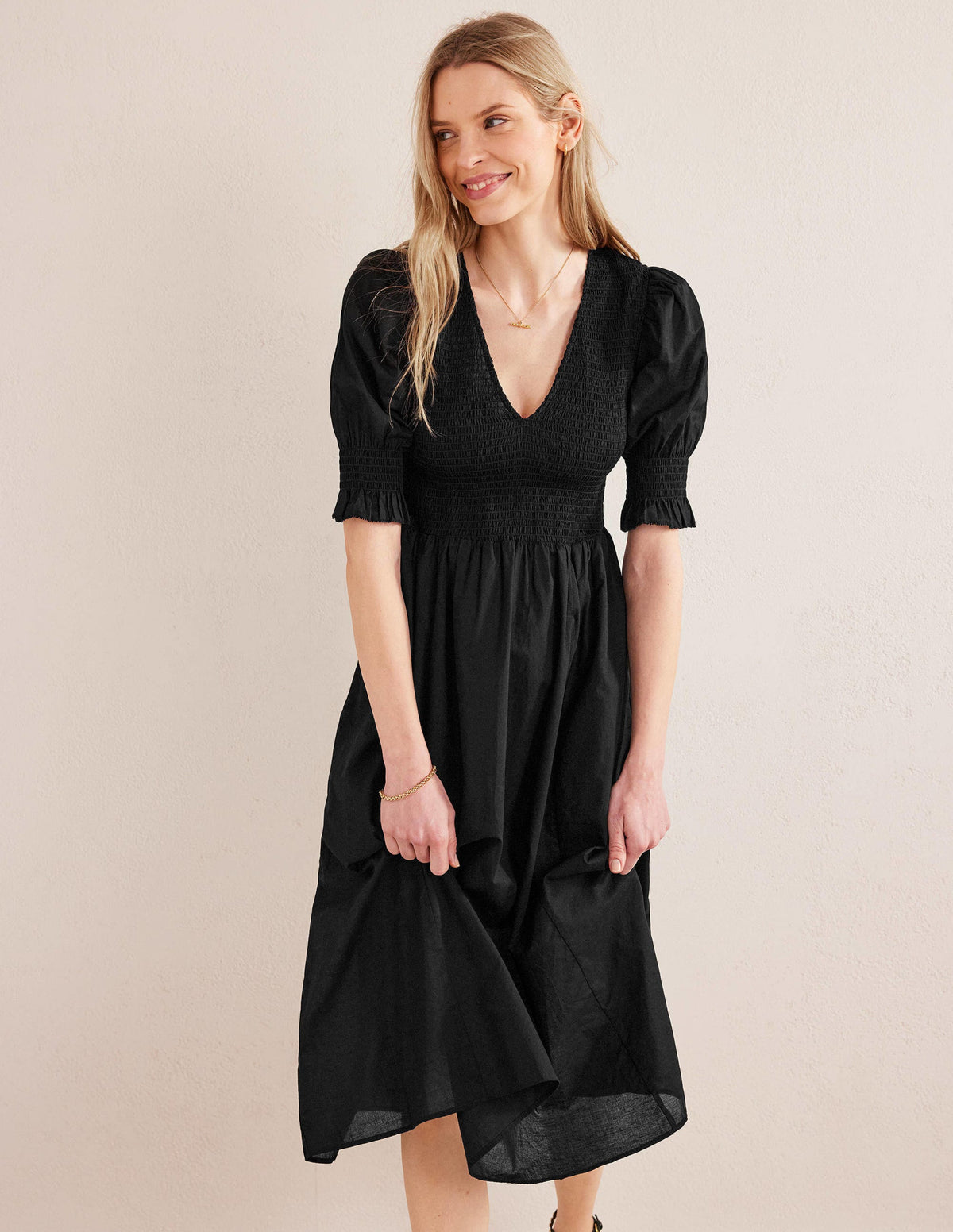 Gesmoktes Midikleid aus Leinen-Schwarz - Image 1
