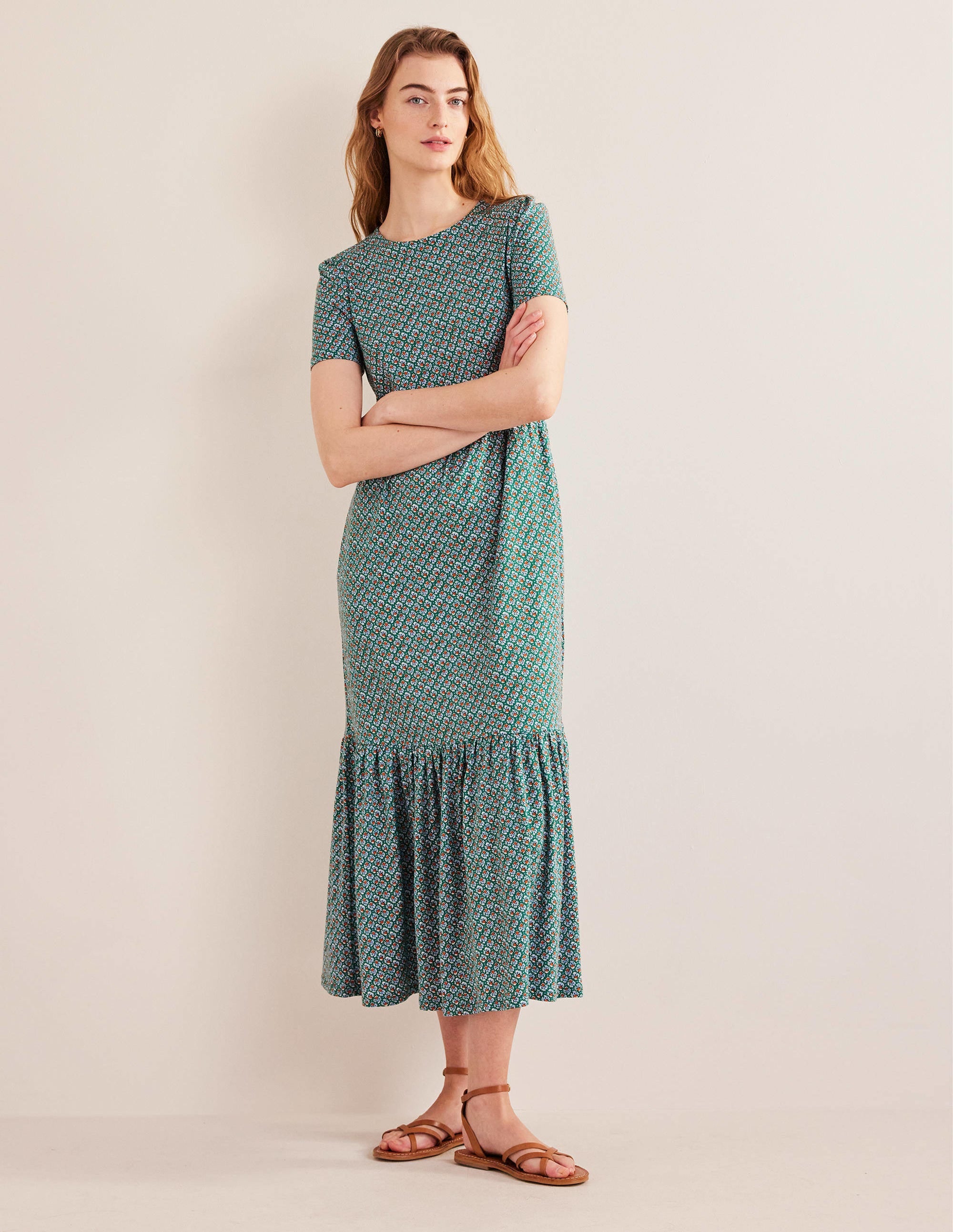Emma Gestuftes Jersey-Midikleid-Flaschengrün, Blütenknospen - Image 1