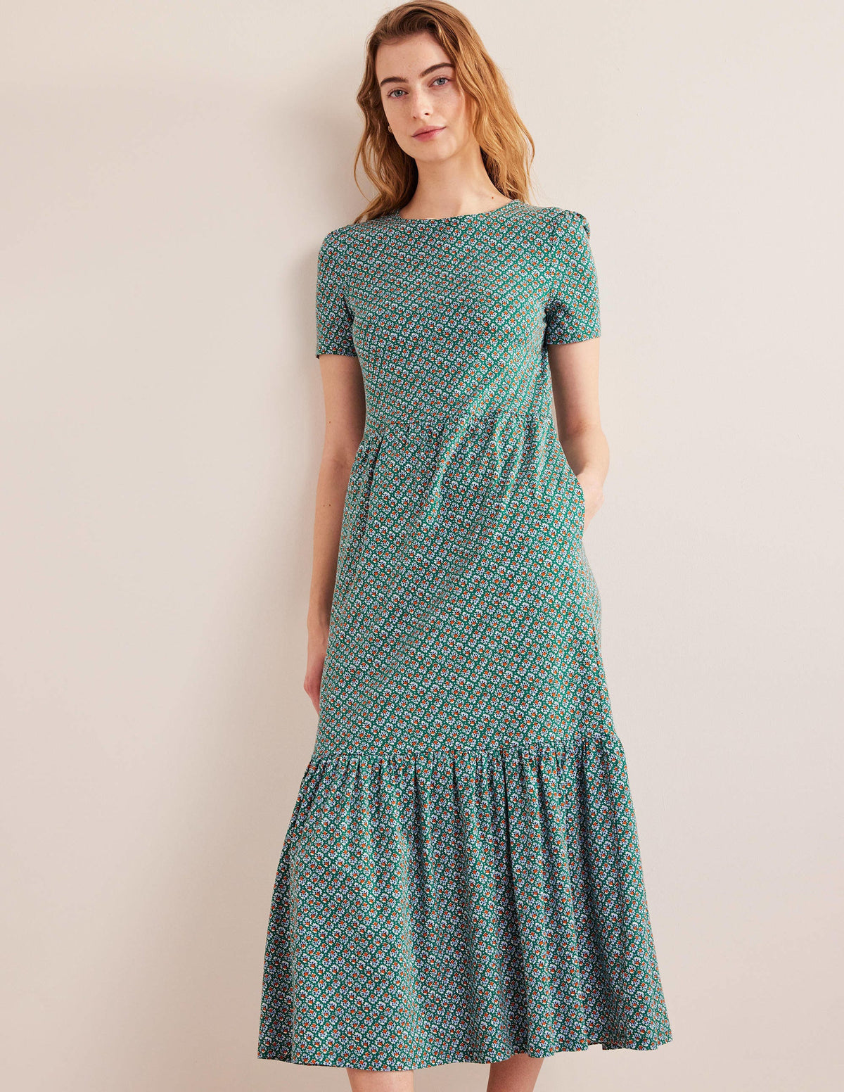 Emma Gestuftes Jersey-Midikleid-Flaschengrün, Blütenknospen - Image 5
