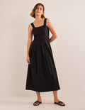 Robe midi à bretelles en seersucker-Noir