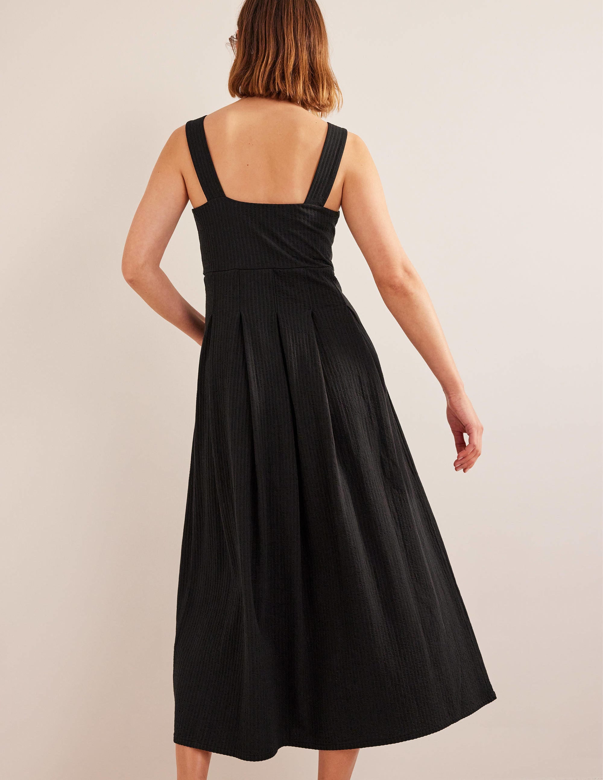 Robe midi à bretelles en seersucker-Noir - Image 3