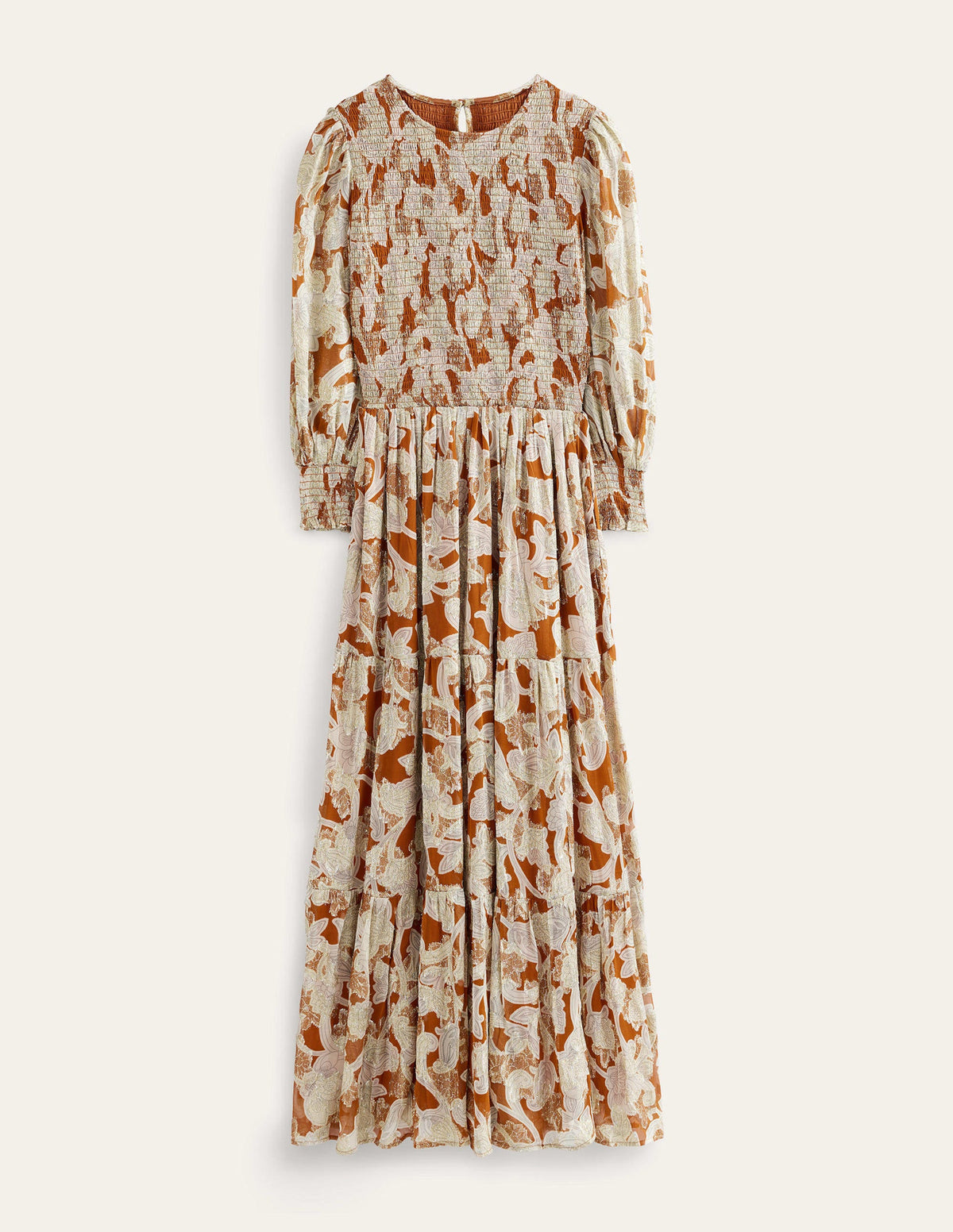 Jacquard-Kleid mit gesmoktem Oberteil-Rostrot, Geschwungenes Paisleymuster - Image 7