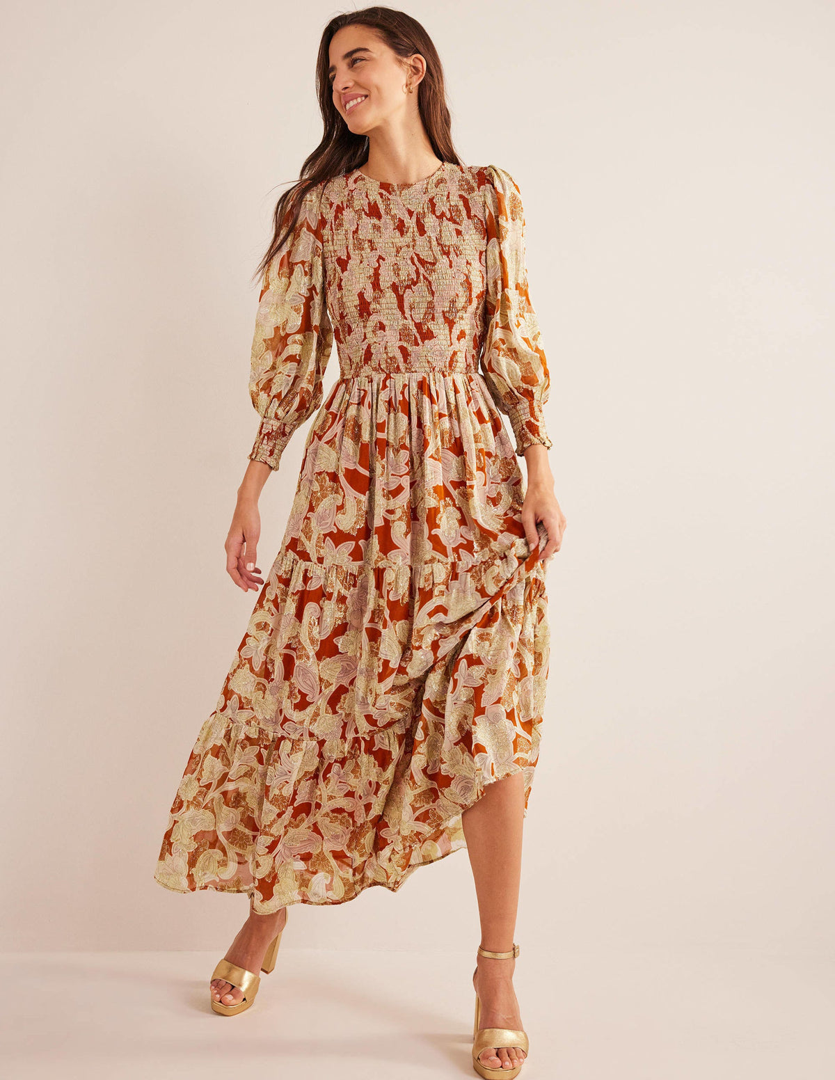 Jacquard-Kleid mit gesmoktem Oberteil-Rostrot, Geschwungenes Paisleymuster - Image 2