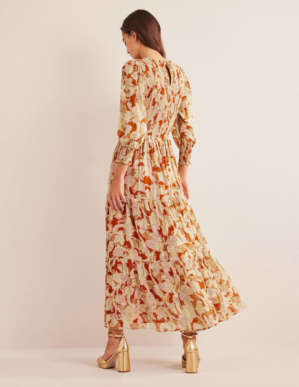 Jacquard-Kleid mit gesmoktem Oberteil-Rostrot, Geschwungenes Paisleymuster-4