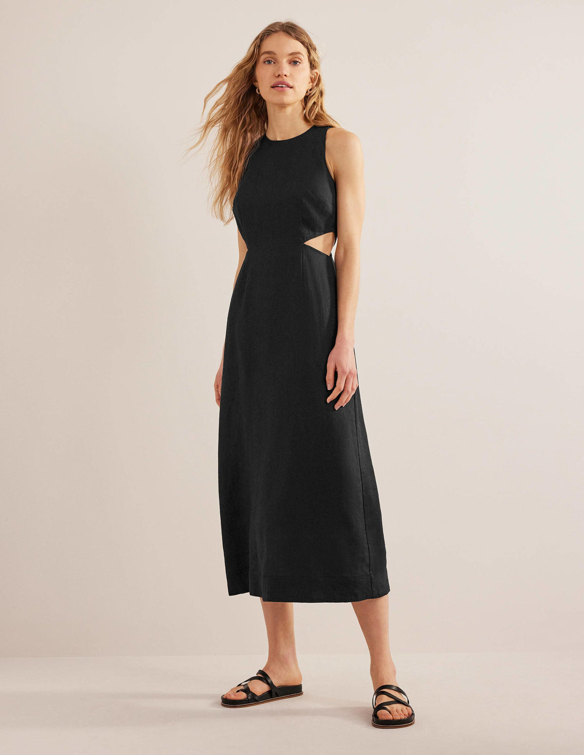 Leinen-Midikleid mit Cut-outs-Schwarz-1