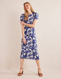 Jersey-Midikleid mit Puffärmeln-Blau, Geschwungenes Paisleymuster