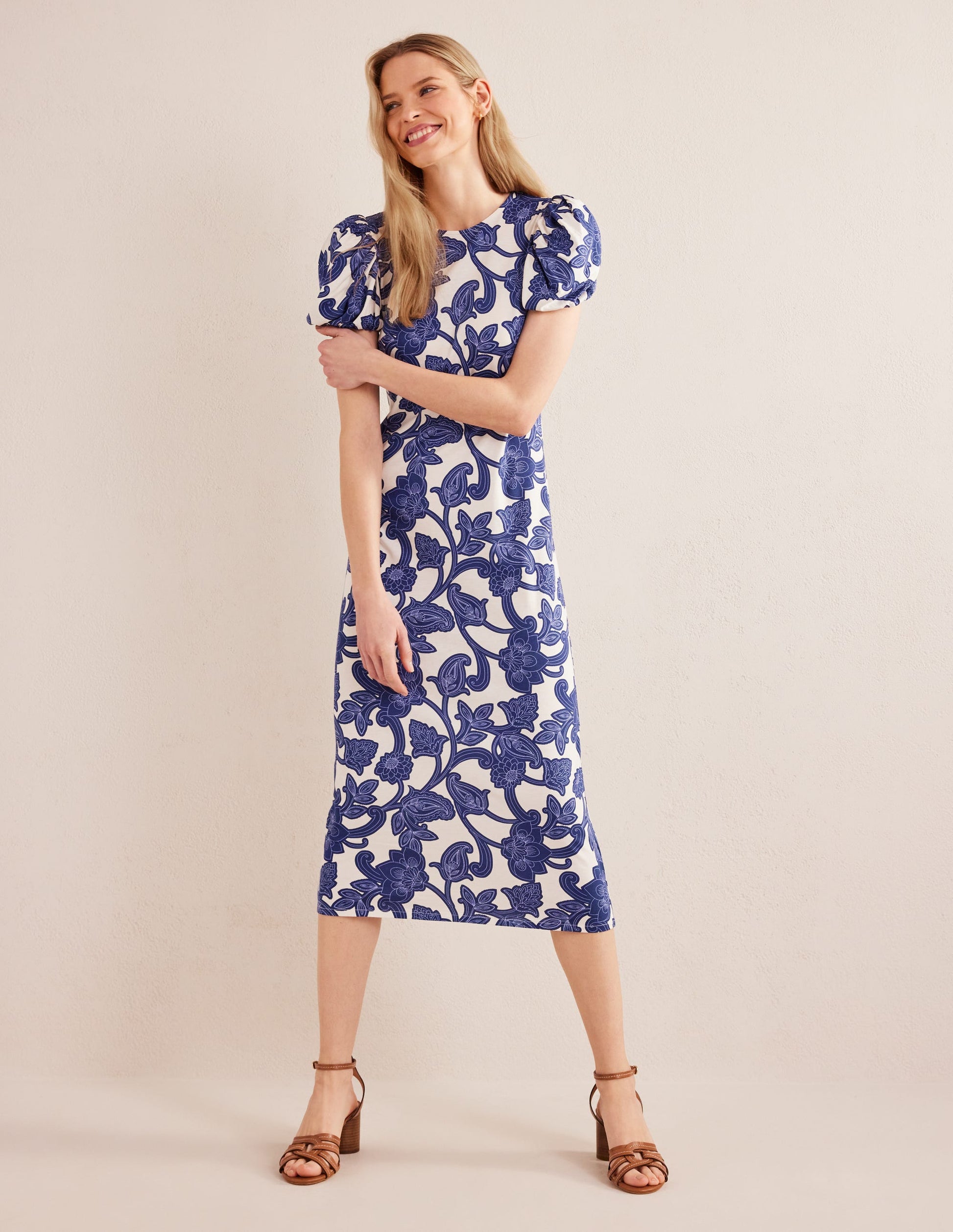Jersey-Midikleid mit Puffärmeln-Blau, Geschwungenes Paisleymuster-1
