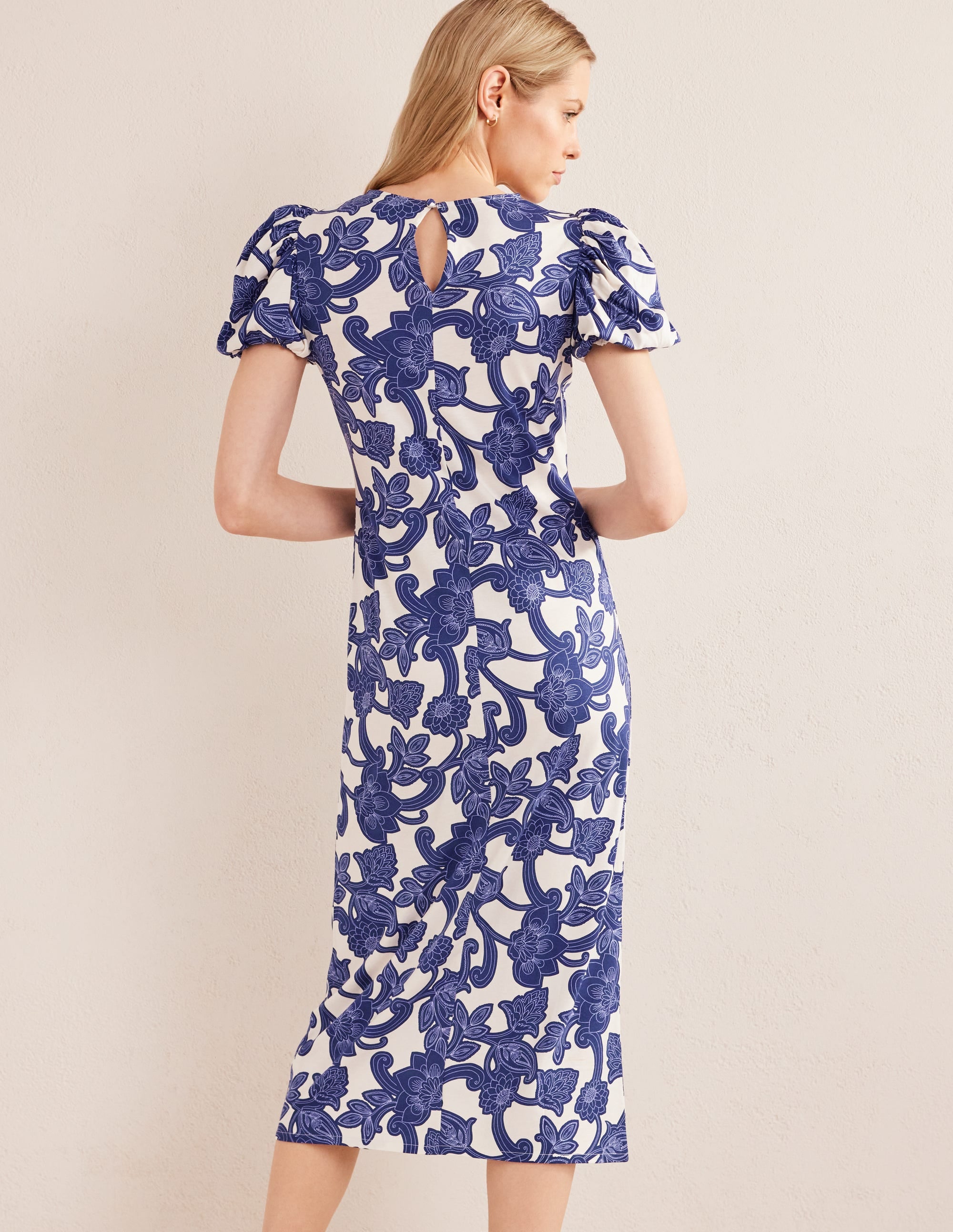 Jersey-Midikleid mit Puffärmeln-Blau, Geschwungenes Paisleymuster - Image 3