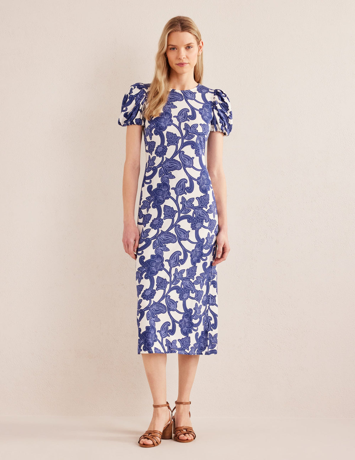 Jersey-Midikleid mit Puffärmeln-Blau, Geschwungenes Paisleymuster-4