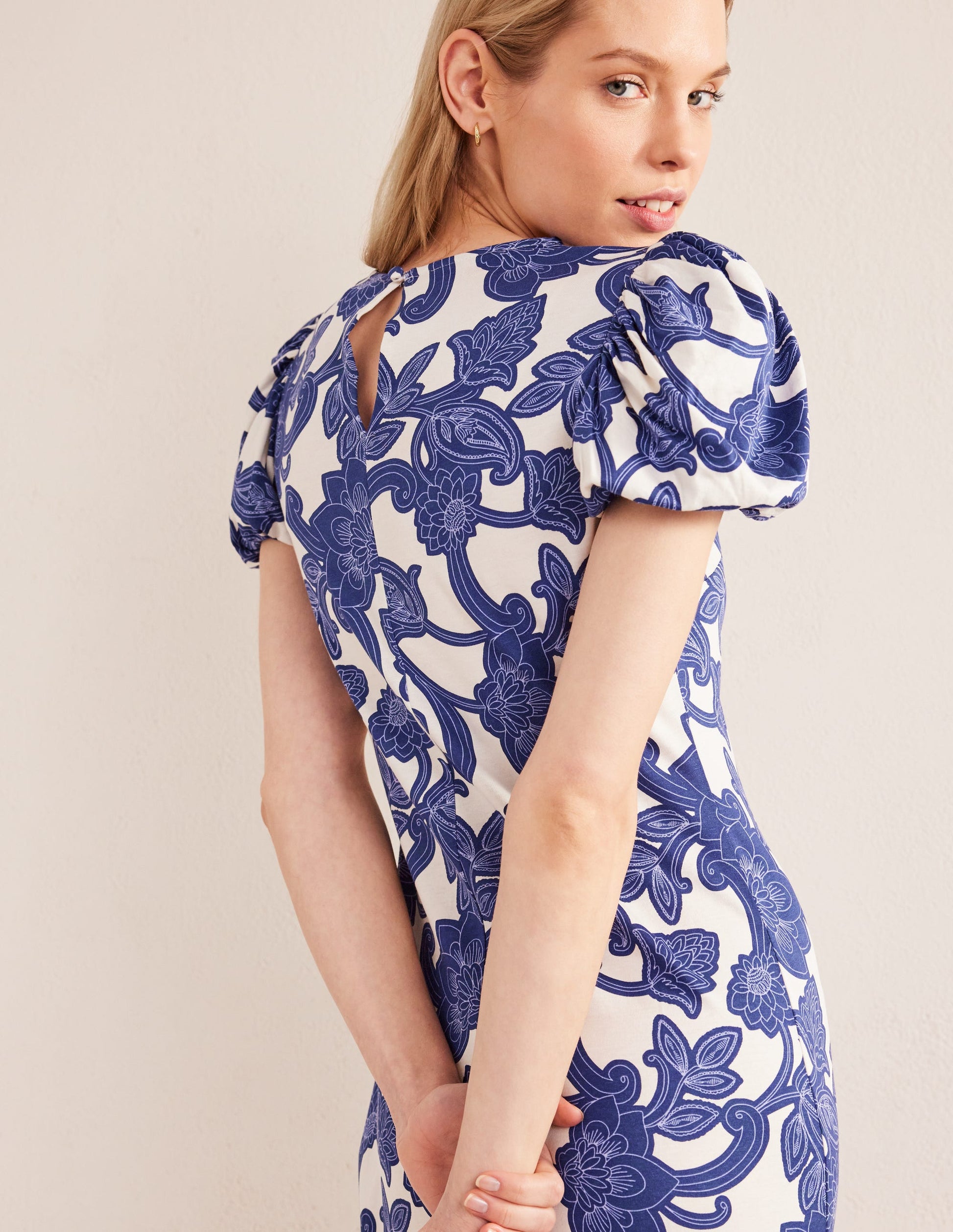 Jersey-Midikleid mit Puffärmeln-Blau, Geschwungenes Paisleymuster-5