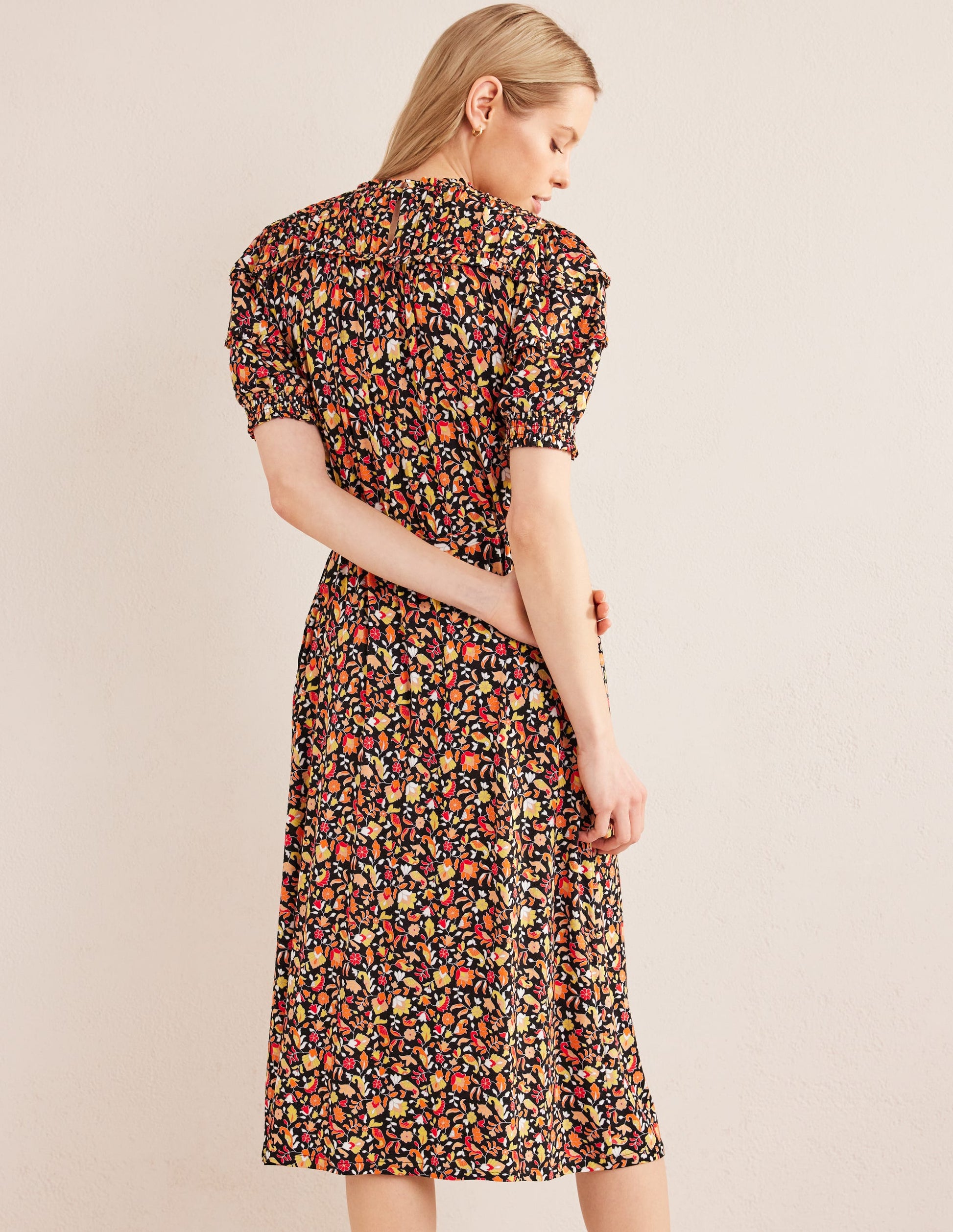 Jersey-Midikleid mit Passe-Schwarz, Blütenmuster-3