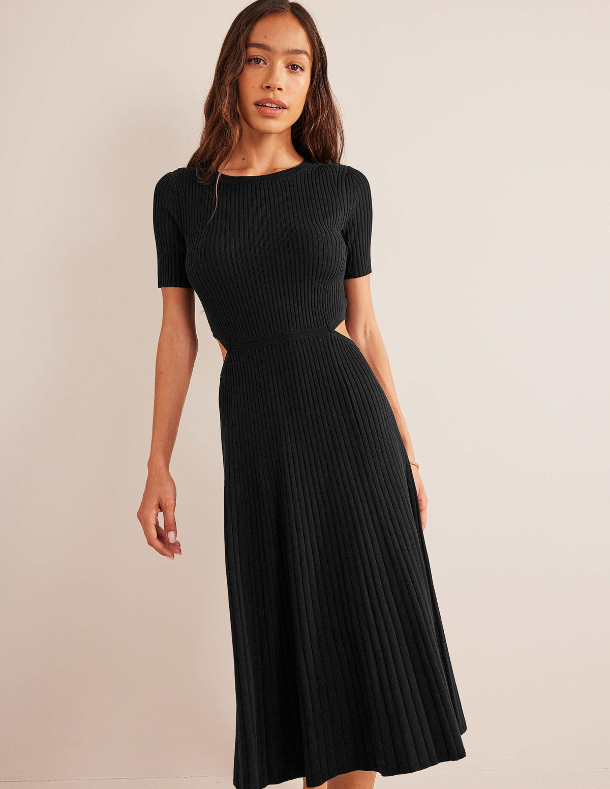 Cut Out Knitted Midi Dress-Black - Image 1