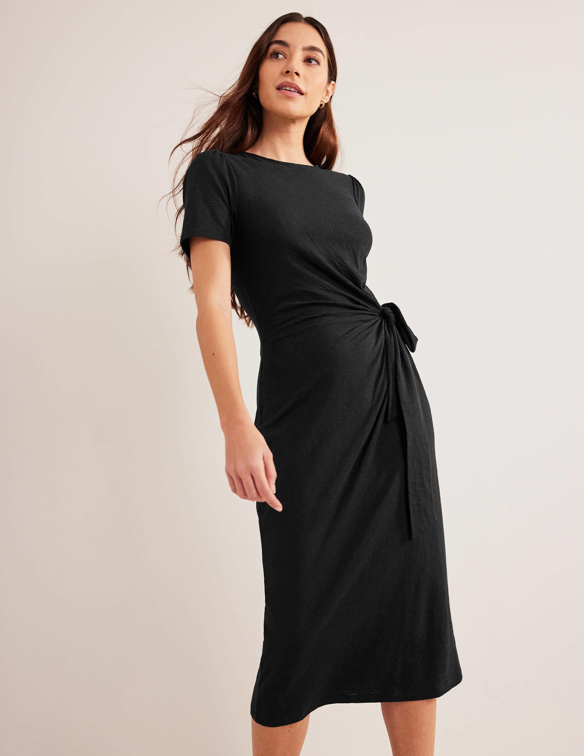 Knot Front Jersey Midi Dress-Black - Image 1