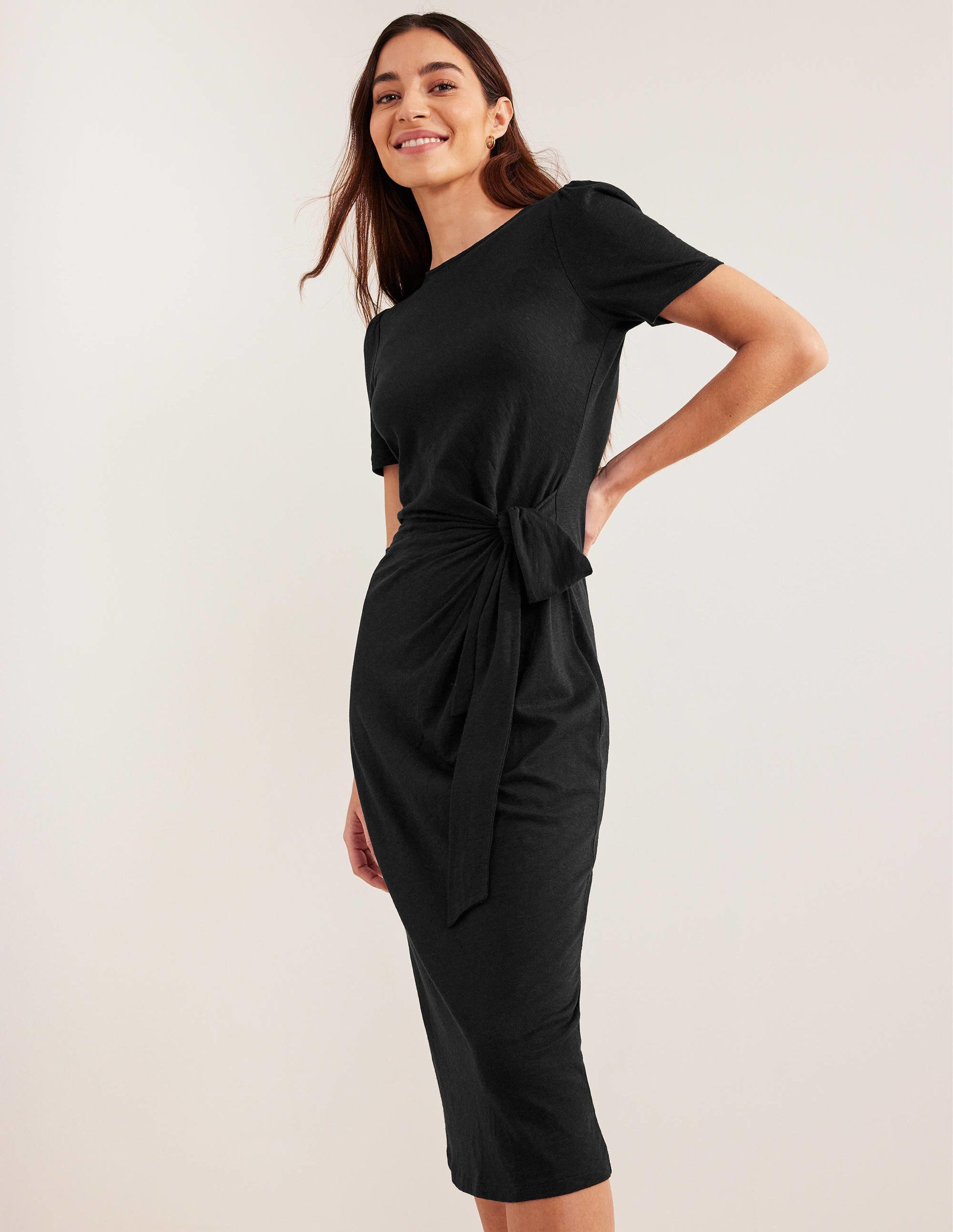 Knot Front Jersey Midi Dress-Black-4