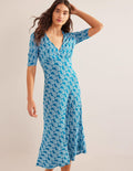 Rebecca Midi-Teekleid aus Jersey-Petrol, Paisleymuster