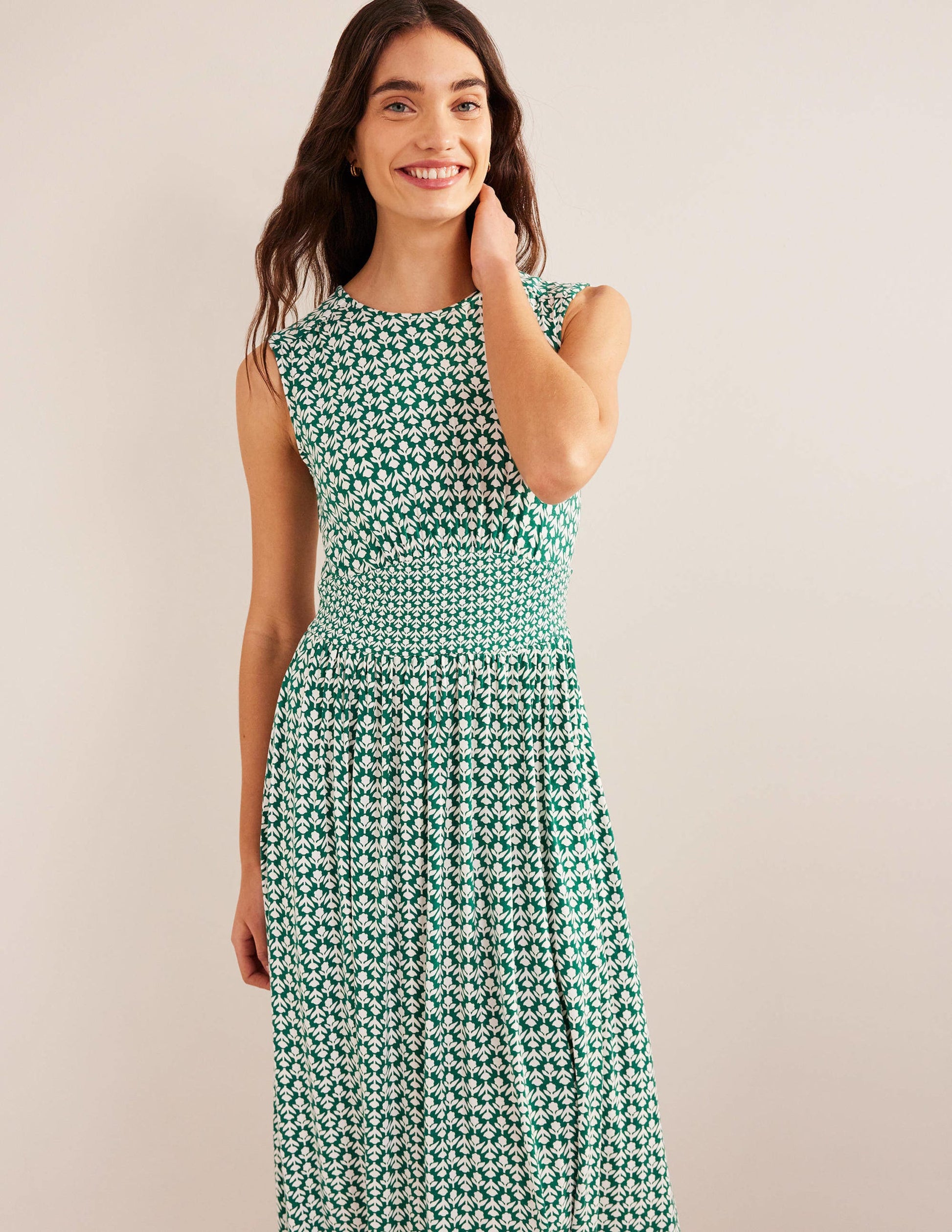 Robe midi Thea sans manches-Vert bouteille, motif Tulip Pop-4