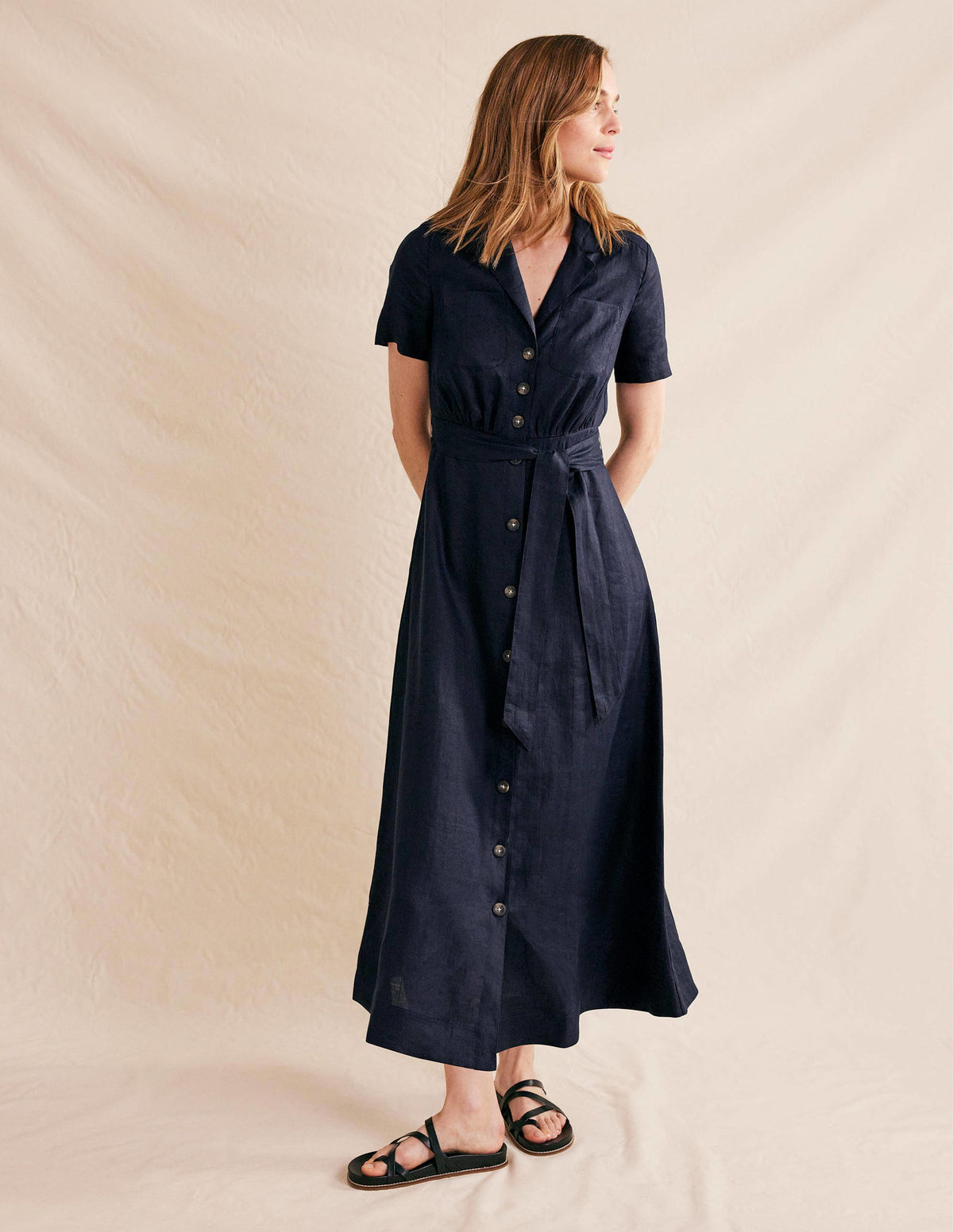 Linen Maxi Shirt Dress-Navy - Image 1