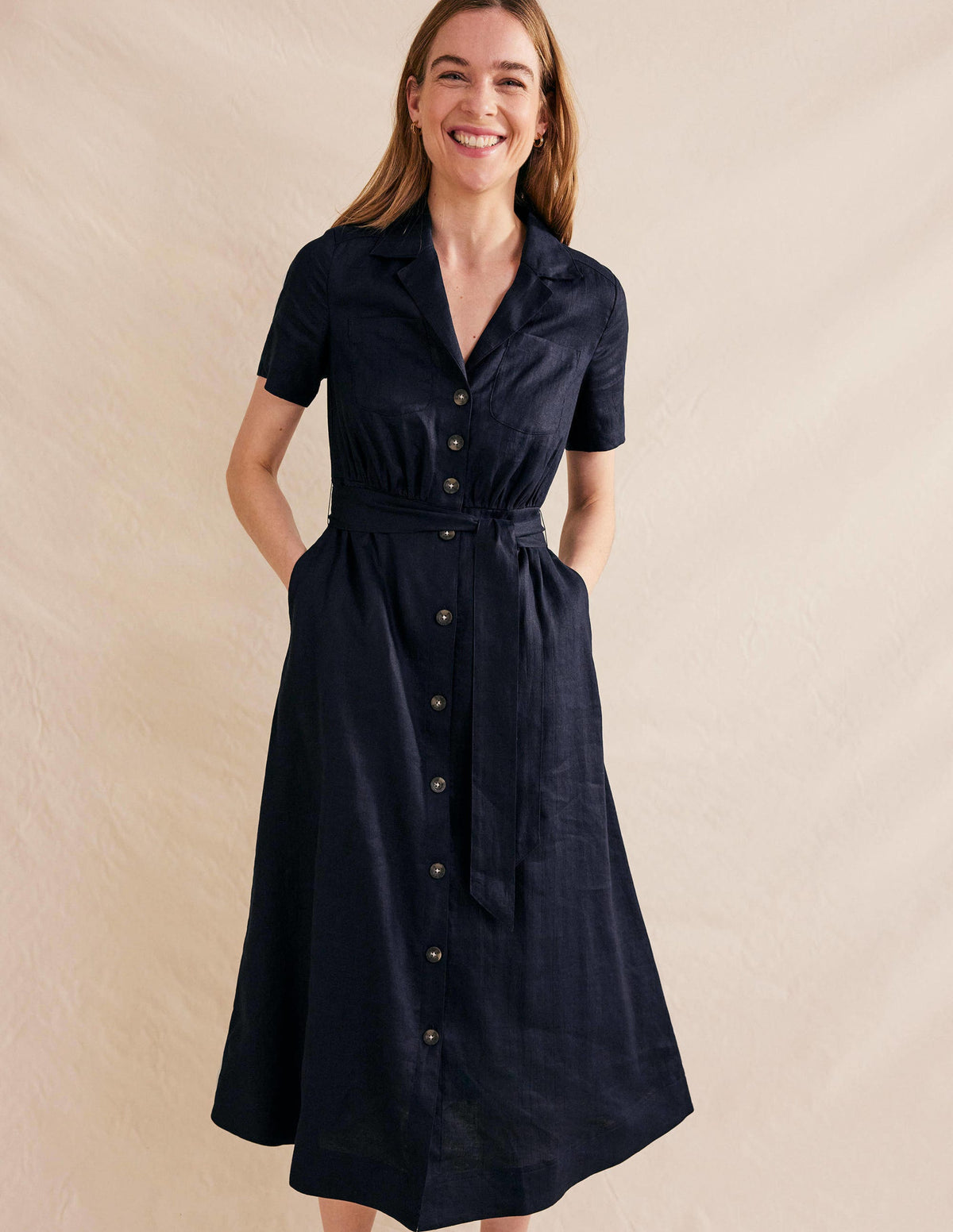 Linen Maxi Shirt Dress-Navy - Image 4