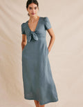 Leinen-Midikleid mit Knotendetail-Tiefseeblau