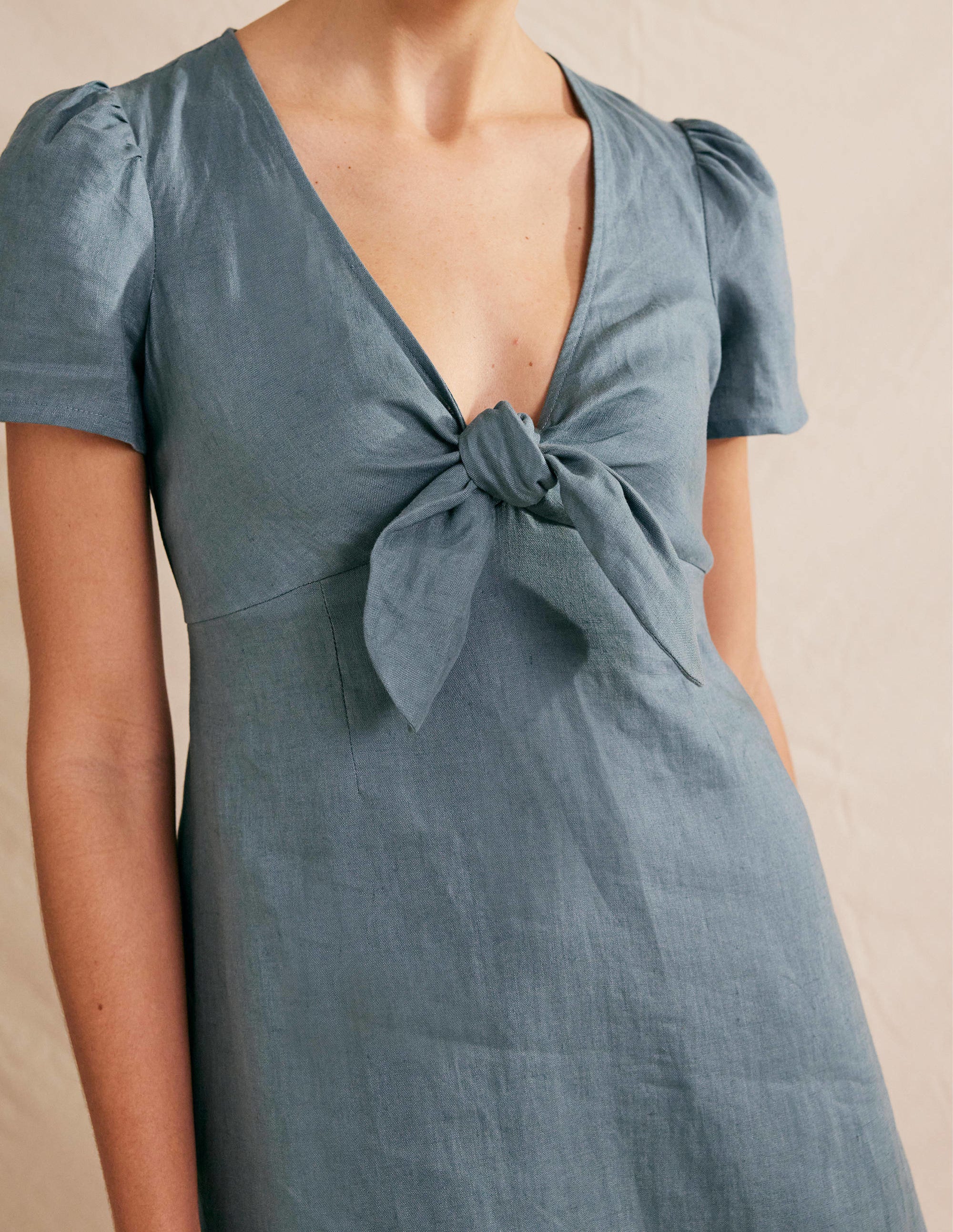 Leinen-Midikleid mit Knotendetail-Tiefseeblau - Image 2
