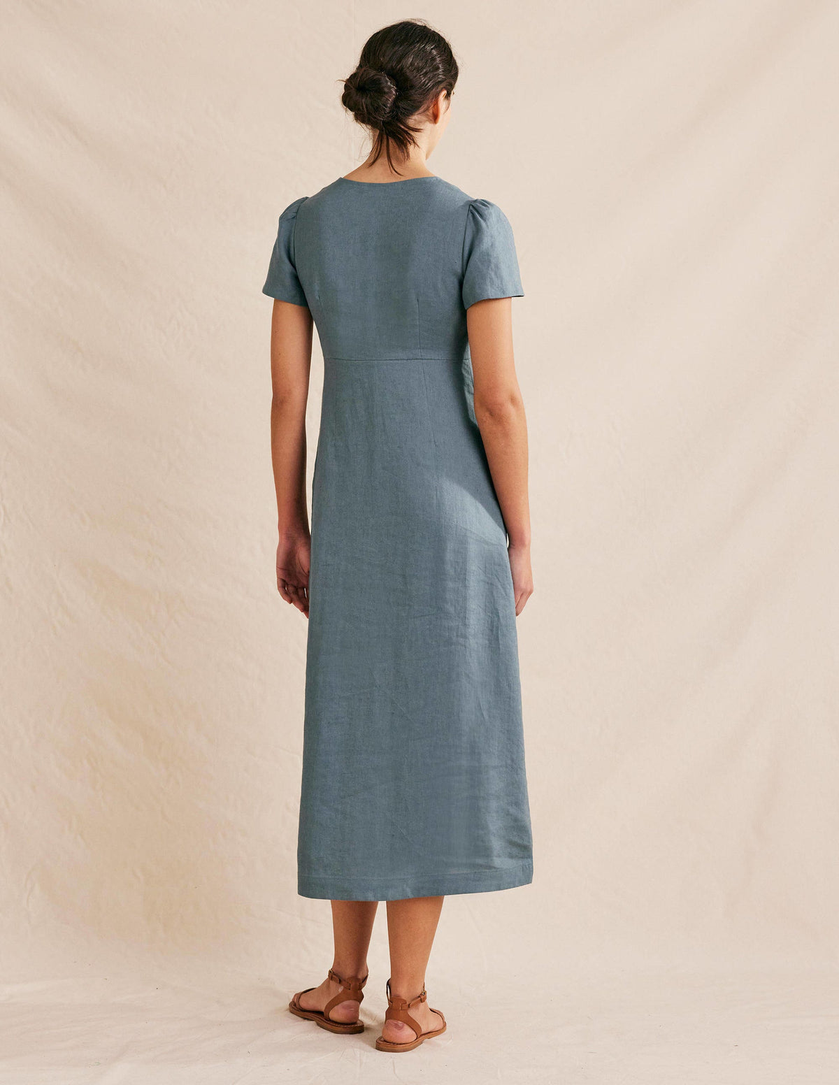 Leinen-Midikleid mit Knotendetail-Tiefseeblau-3