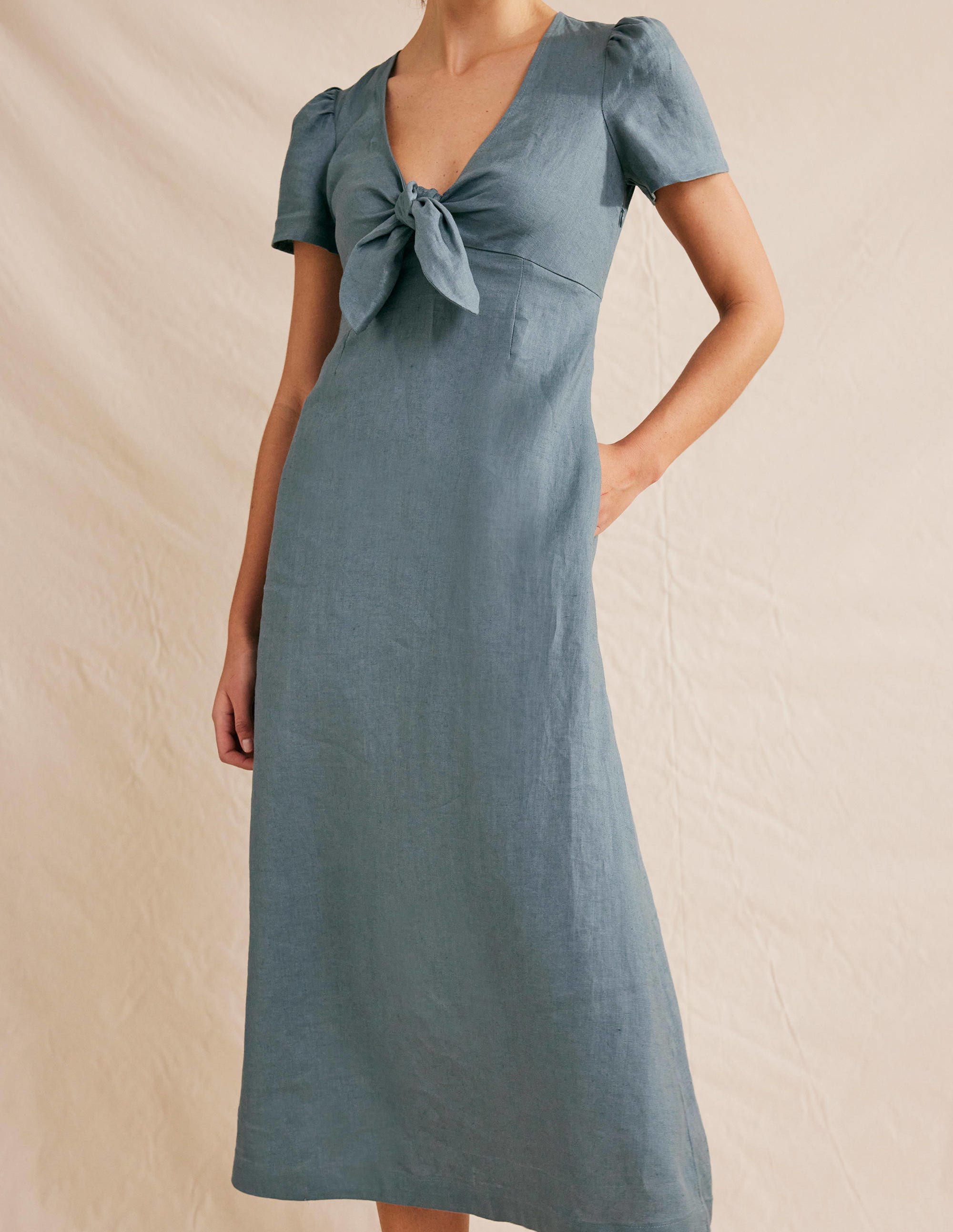 Leinen-Midikleid mit Knotendetail-Tiefseeblau - Image 4