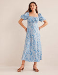 Midikleid mit gerafftem Oberteil-Porzellanblau, Paisleyknospen
